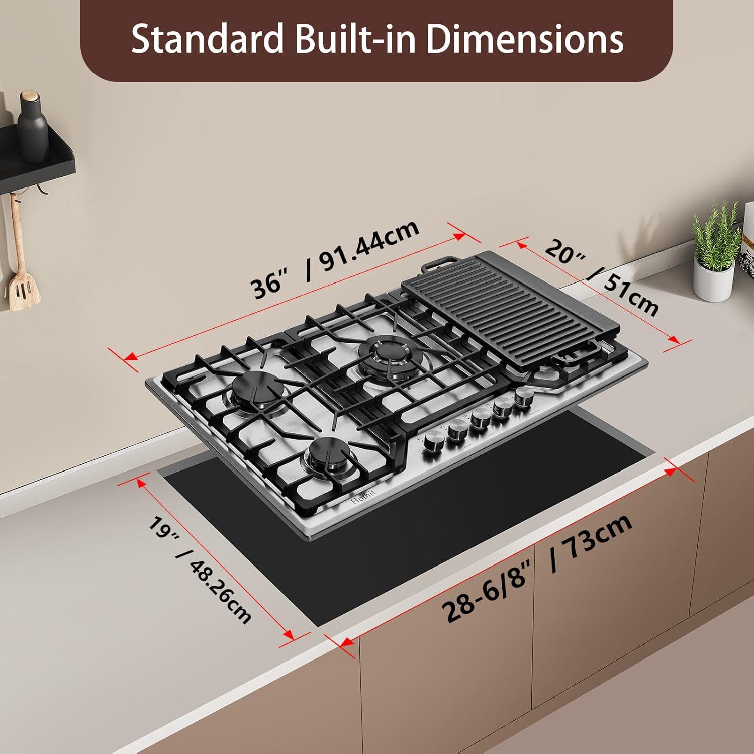 36-Inch Stainless Steel 5-Burner Gas Cooktop with Cast Iron Griddle