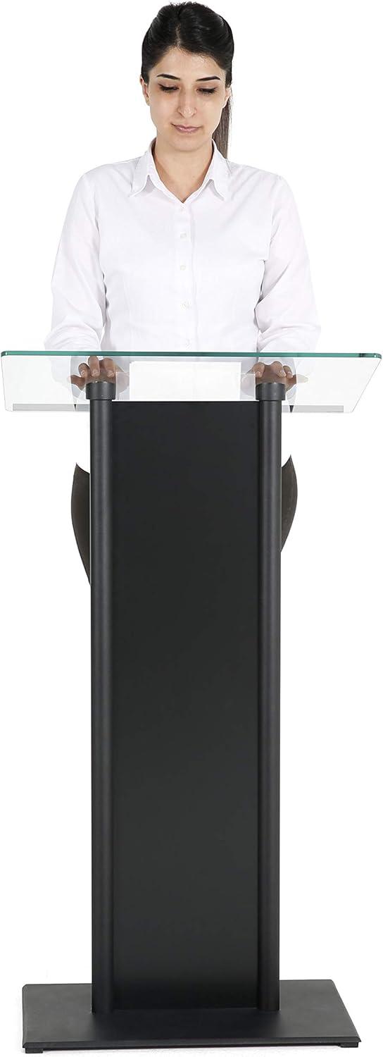 M&T Displays Tempered Clear Glass Podium with Aluminum Front Panel Black Aluminum Body and Base 43.9 Inch Height Floor Standing Lectern Pulpit Desk