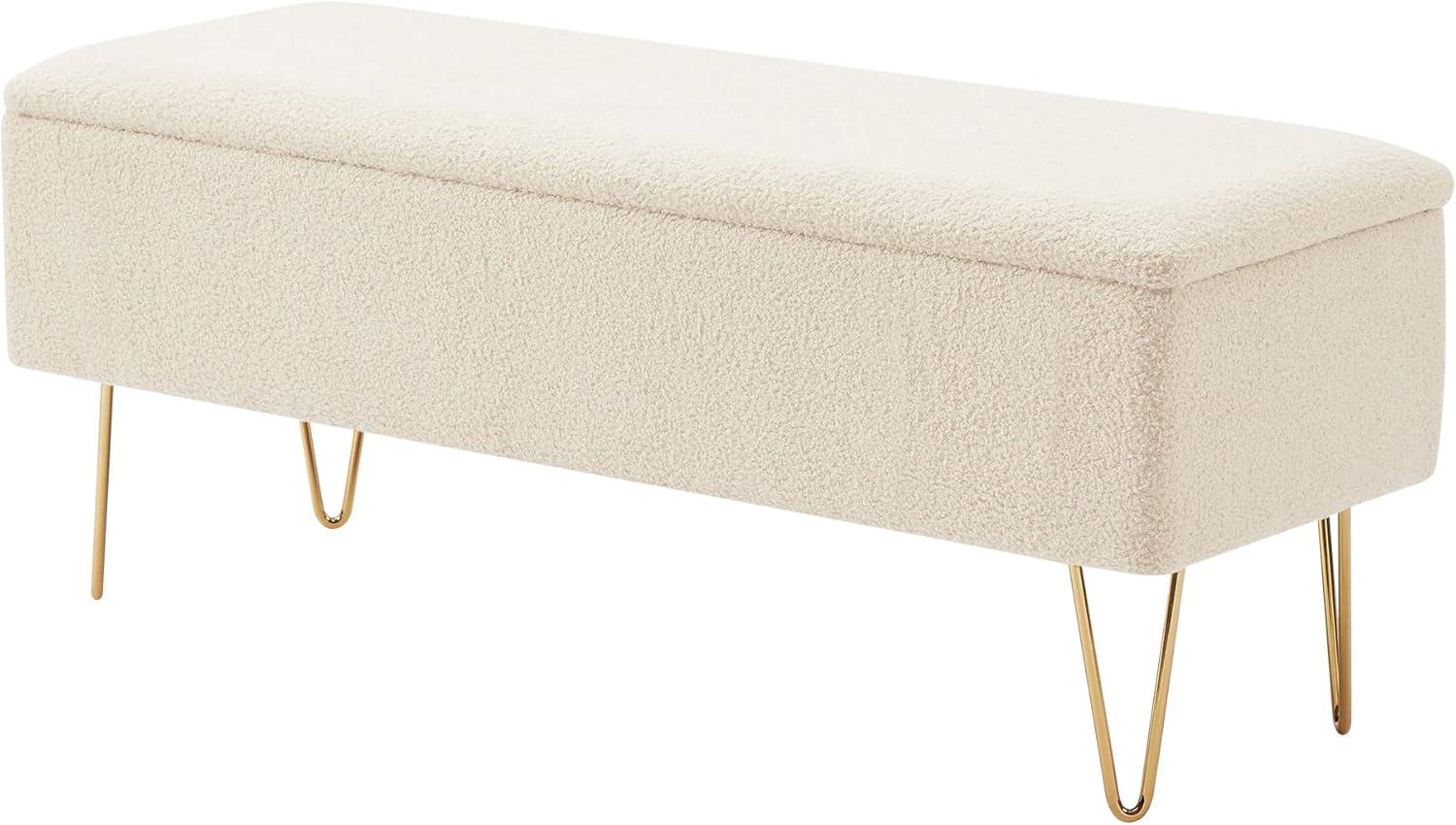 White Sherpa Upholstered Storage Bench with Gold Hairpin Legs