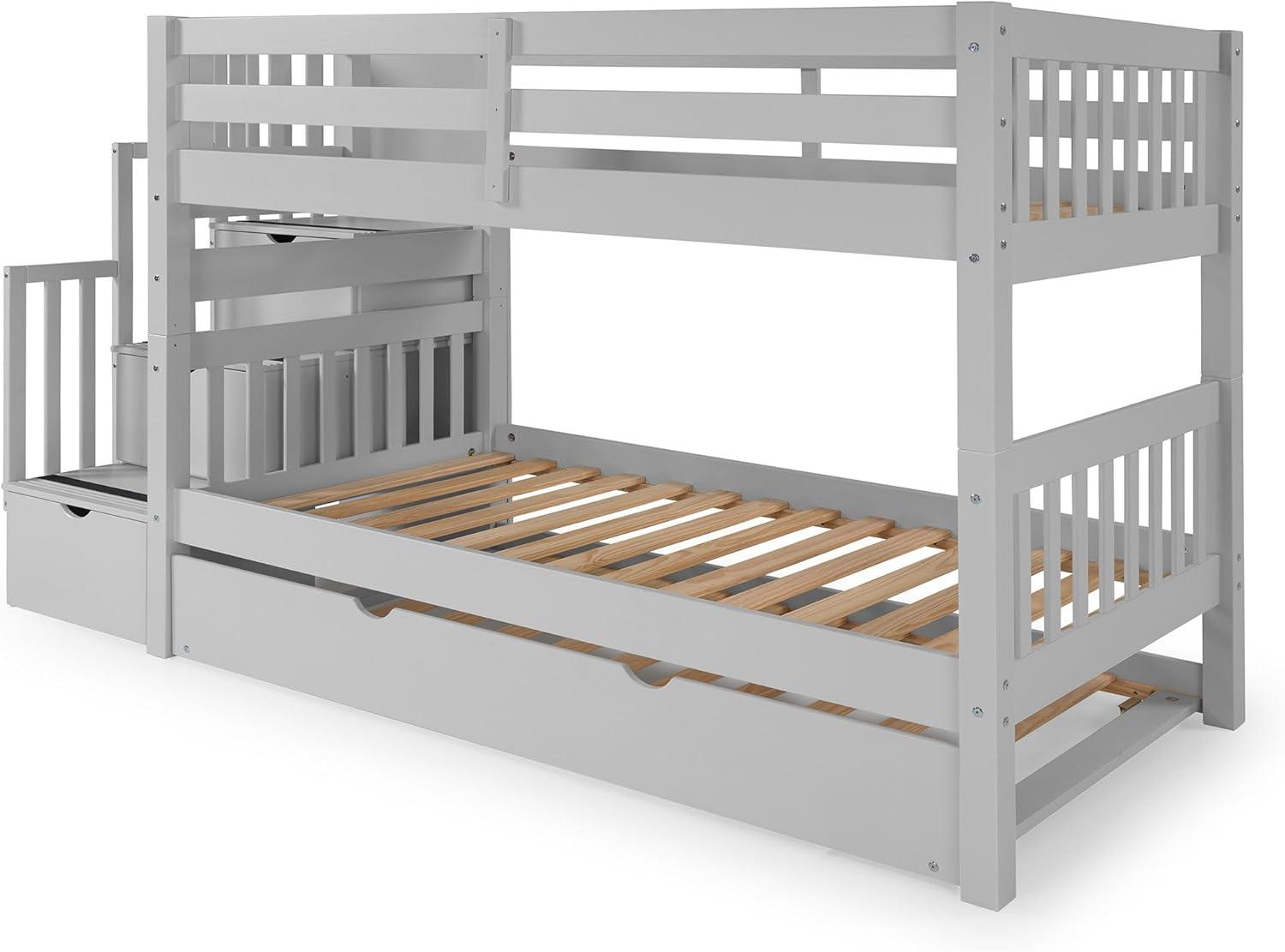 Bedz King Stairway Bunk Beds Twin over Twin with 3 Drawers in the Steps and a Twin Trundle, Gray