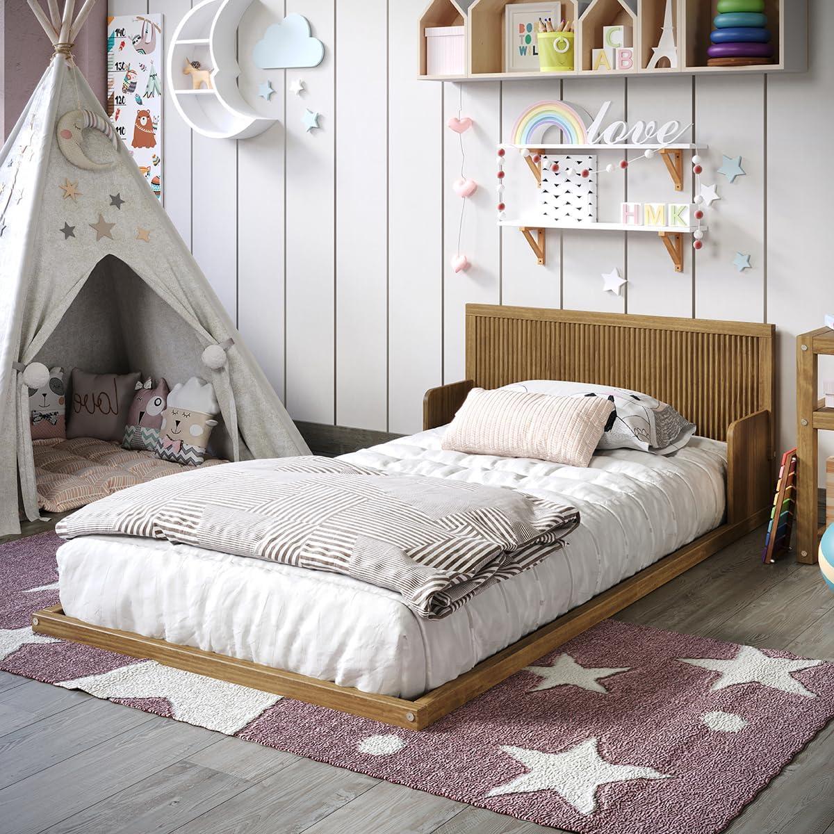 Natural Oak Twin Pine Wood Floor Bed with Headboard