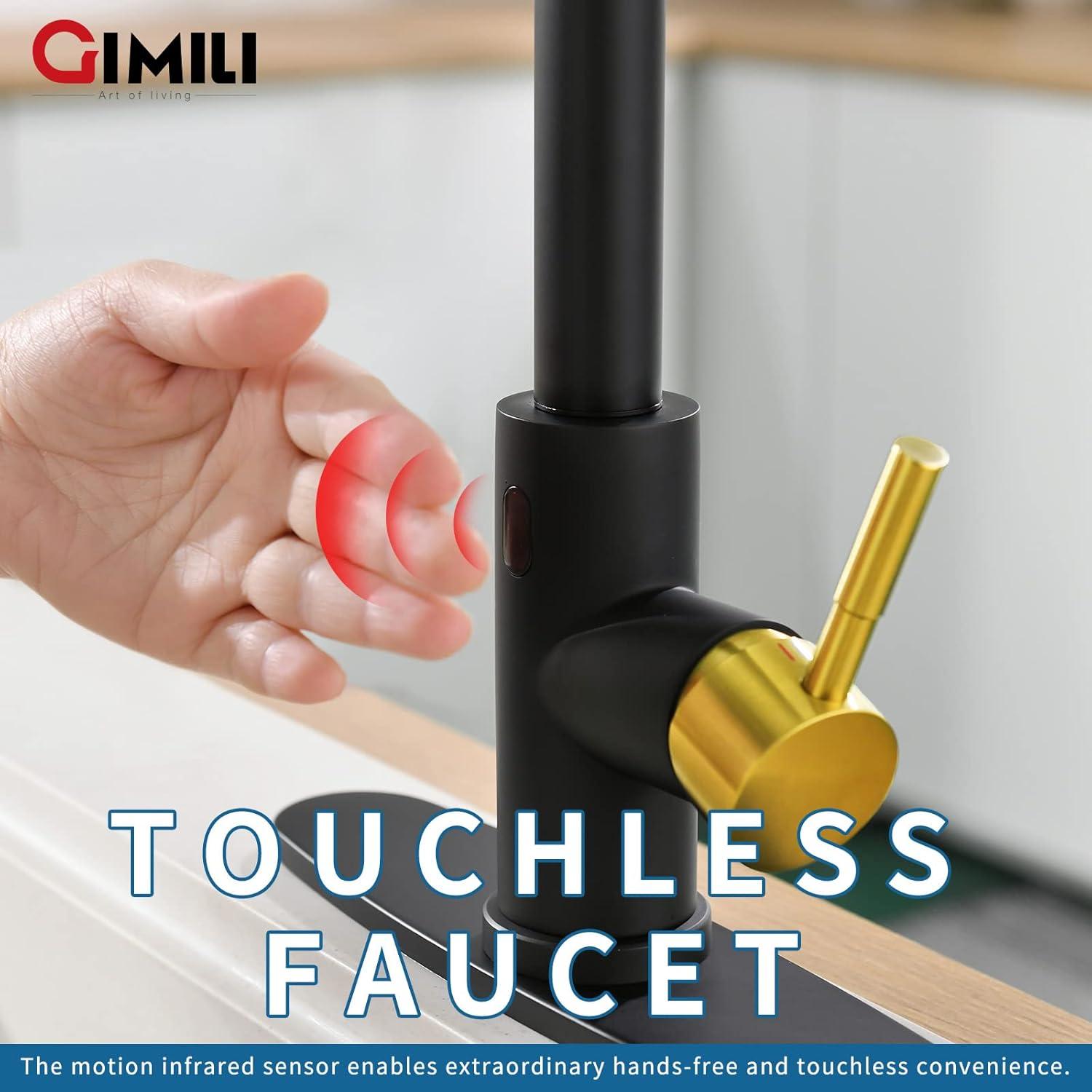GIMILI Black and Gold Touchless Kitchen Faucet with Pull Down Sprayer Motion Sensor Smart Hands-Free Activated Single Hole Spring Faucet for Kitchen Sink