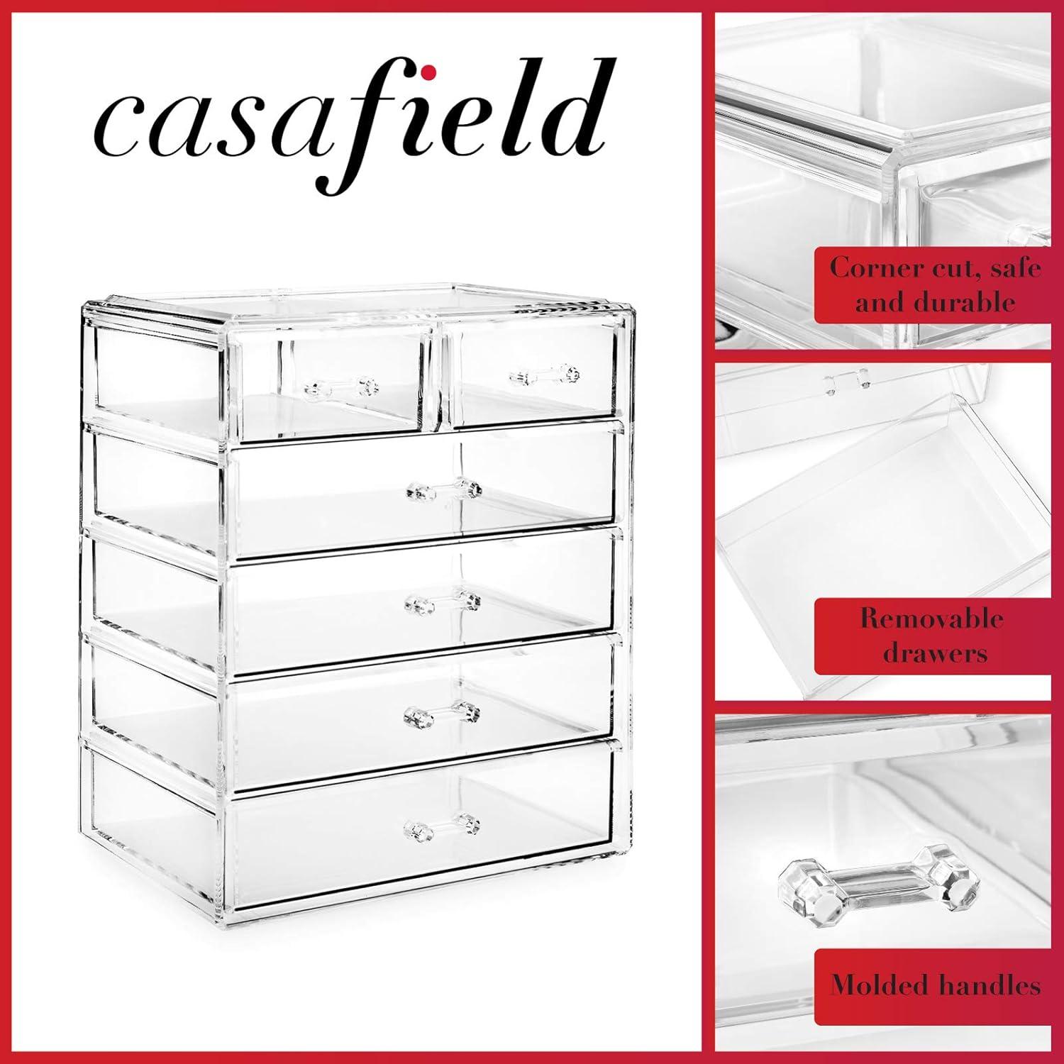 Casafield Makeup Storage Organizer, Clear Acrylic Cosmetic & Jewelry Organizer with 4 Large and 2 Small Drawers