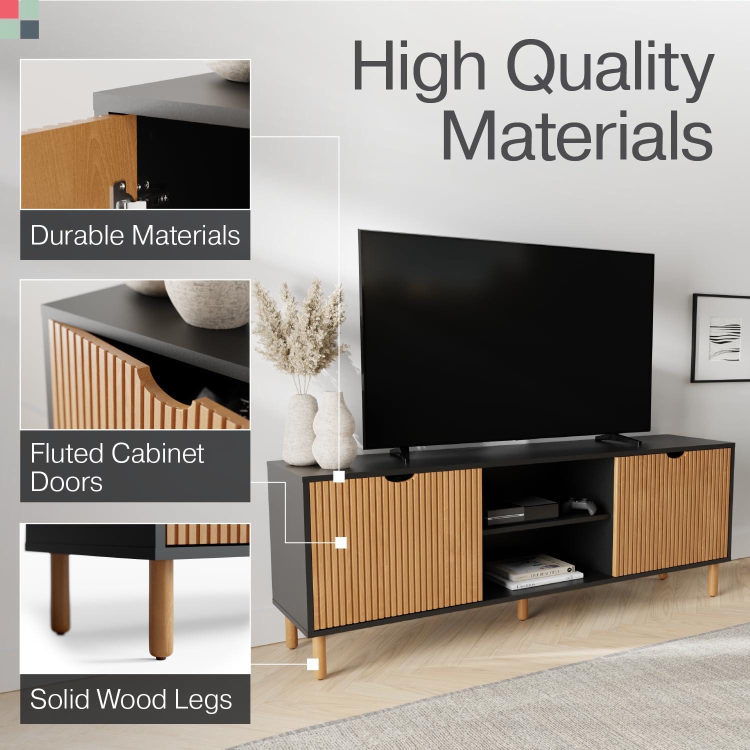 Contemporary Fluted Black and Oak Media Console with Storage