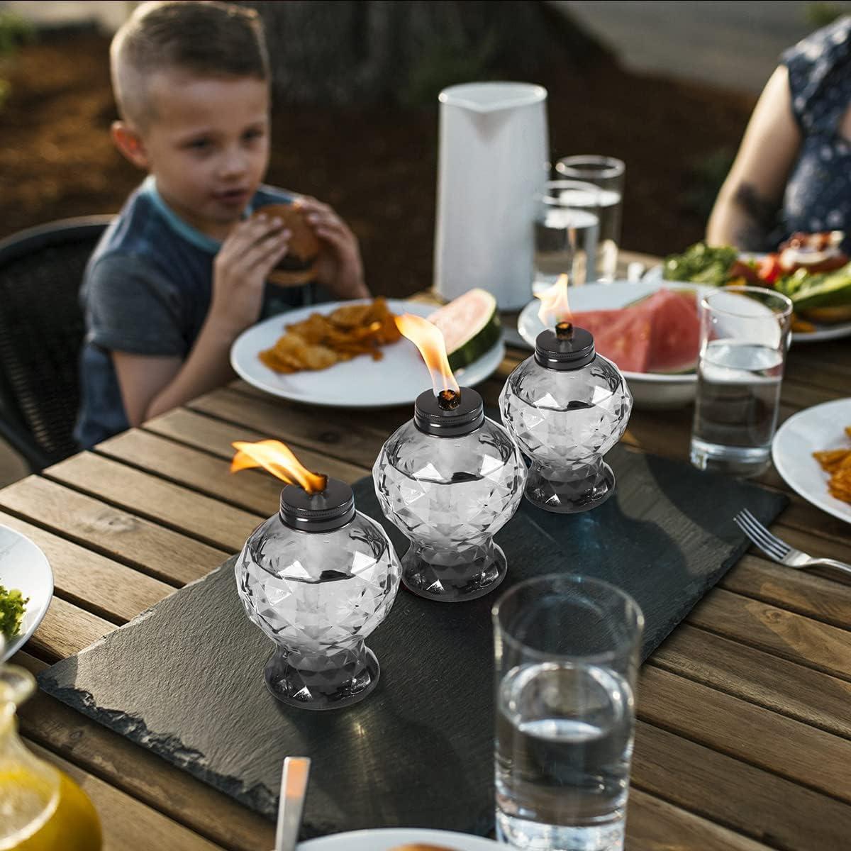 TRAHOO-4 Pack Glass Table Top Light Torches for Outside, Easy to Refill Glass Citronella Torches Outdoor Lanterns, Wick and Cap Included Torch for Garden Patio Yard Party