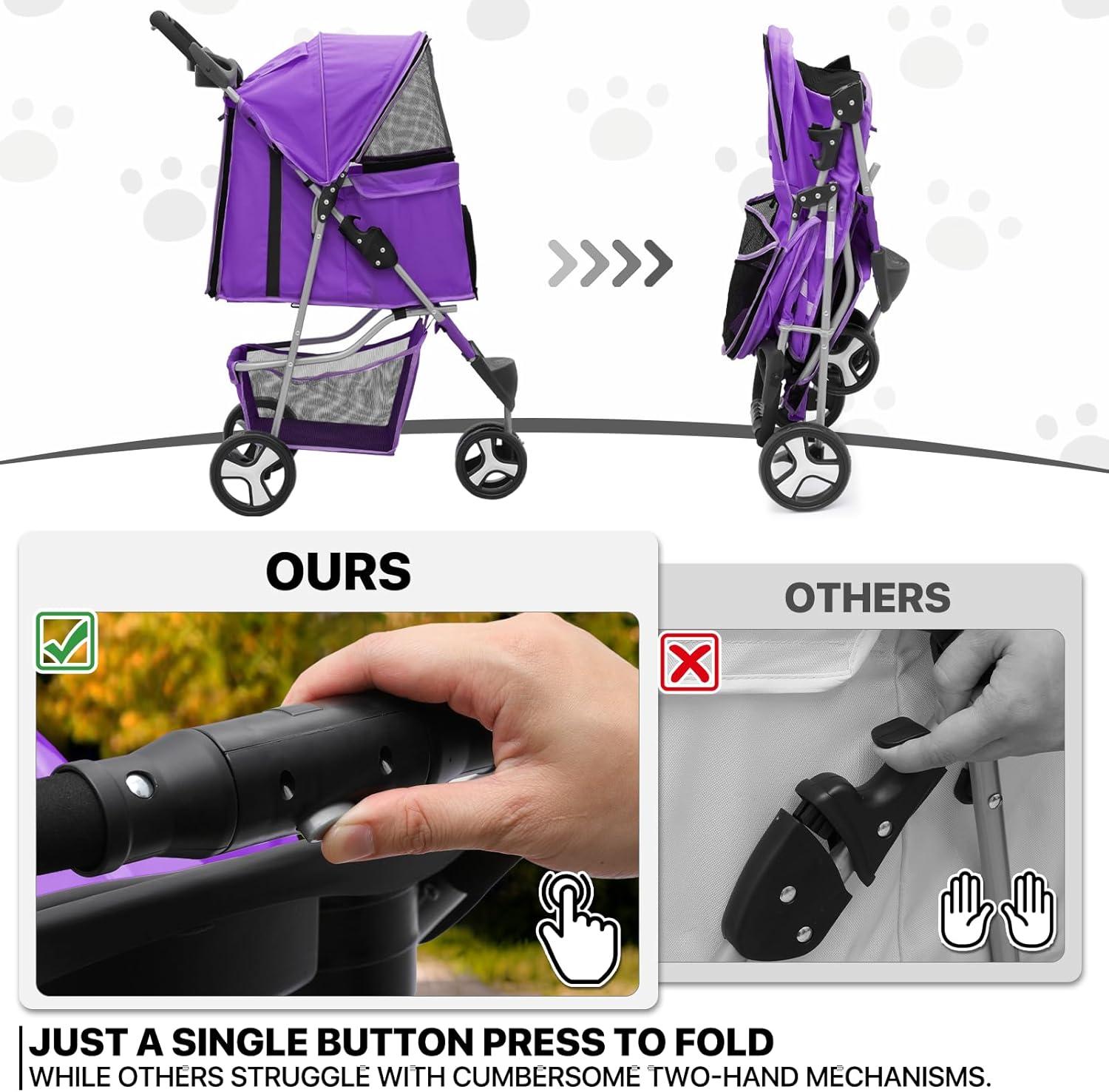 3 Wheel Folding Pet Stroller, Foldable Dog Jogger Stroller with Storage Basket, Cup Holder & Canopy