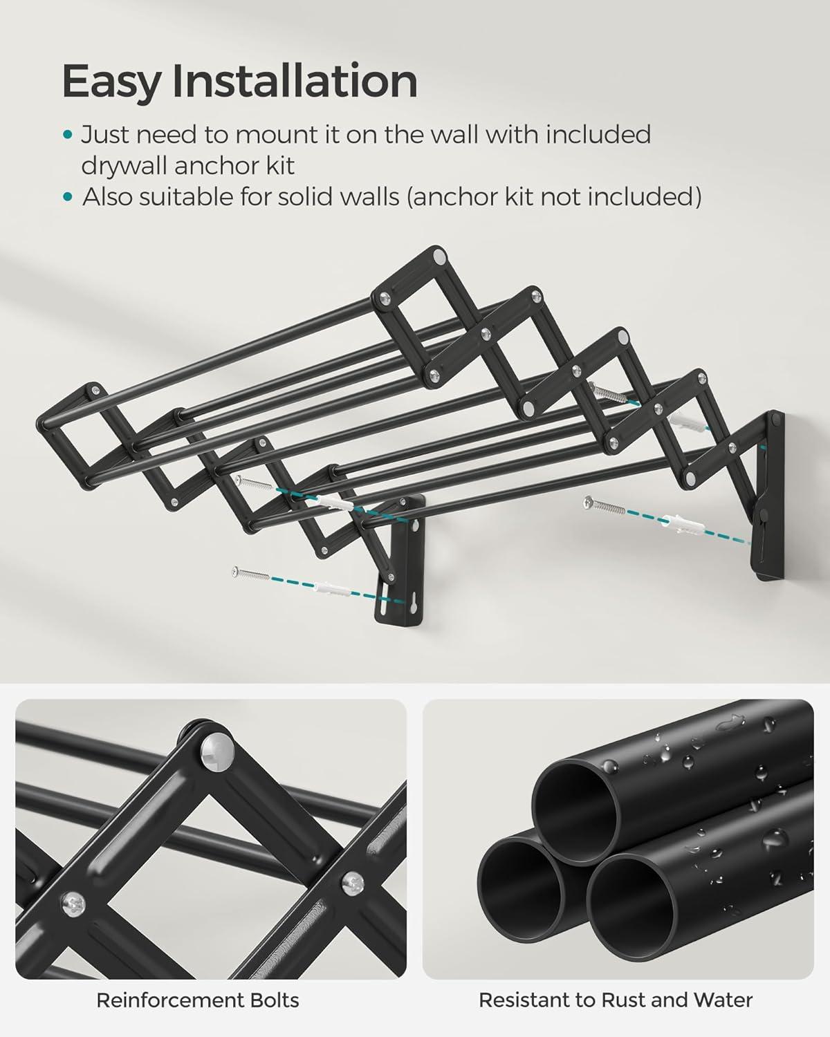 SONGMICS Clothes Drying Rack, Wall-Mounted Drying Rack Clothing, Small Accordion Laundry Rack, 9 Staggered Hanging Rods, Expandable and Retractable, Ink Black ULLR802B01