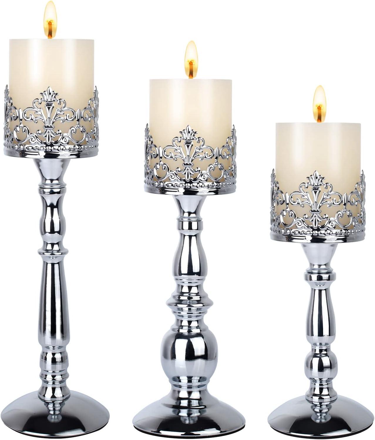 Silver Vintage Tall Candle Holders Set of 3 with Crown Design