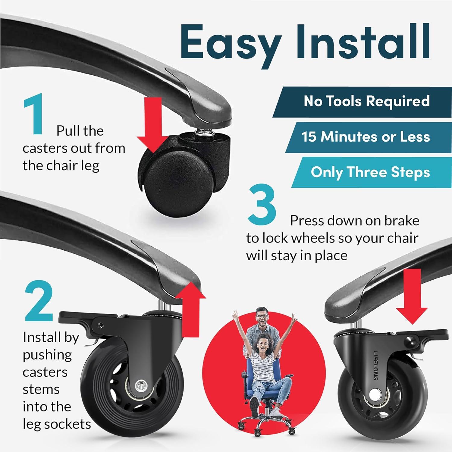 Lifelong Office Chair Caster Wheels for Hardwood Floors and Carpet, Heavy Duty, Universal Fit - Black