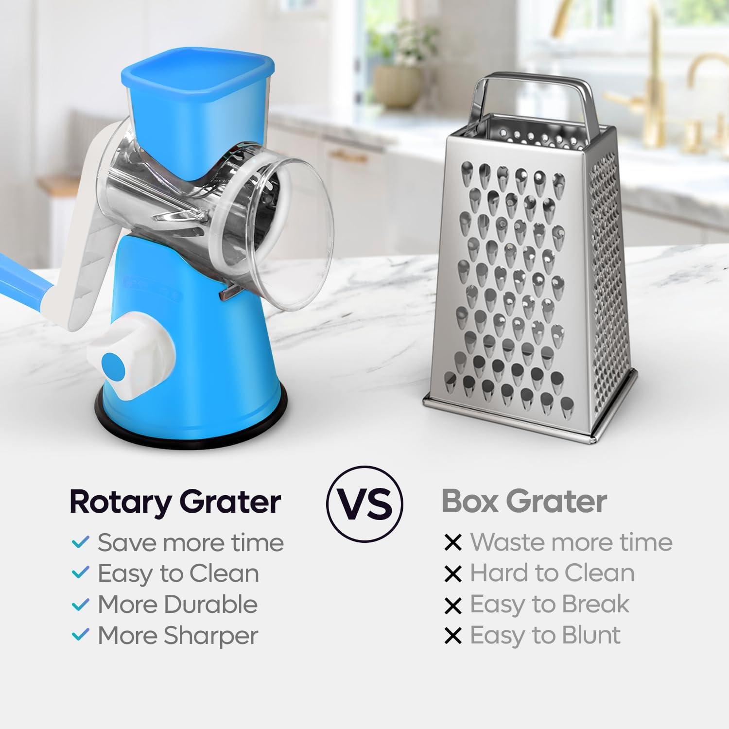 Nutrichef Rotary Cheese Grater with Handle and 3 Replaceable Drum Blades