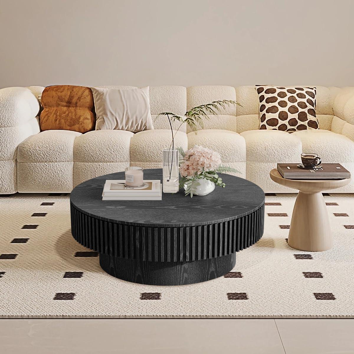 Round Coffee Table with Storage, Modern Wooden Coffee Table with Solid Wood Veneered, 31.5" Small Circle Center Table,Tea Table for Living Room,Home Small Space,Black