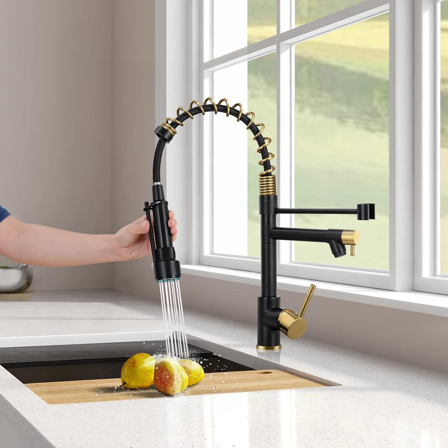 Matte Black and Gold Stainless Steel Pull Down Kitchen Faucet