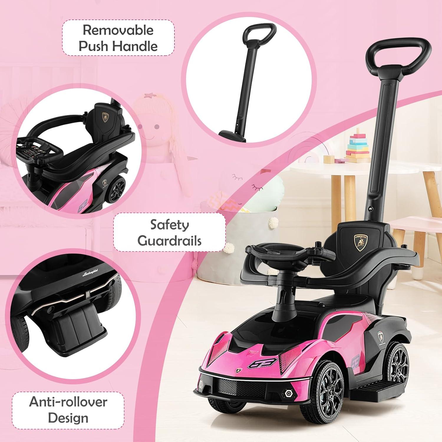 Costway 3-in-1 Licensed Lamborghini Ride on Push Car Stroller Sliding Car w/ Sound Pink