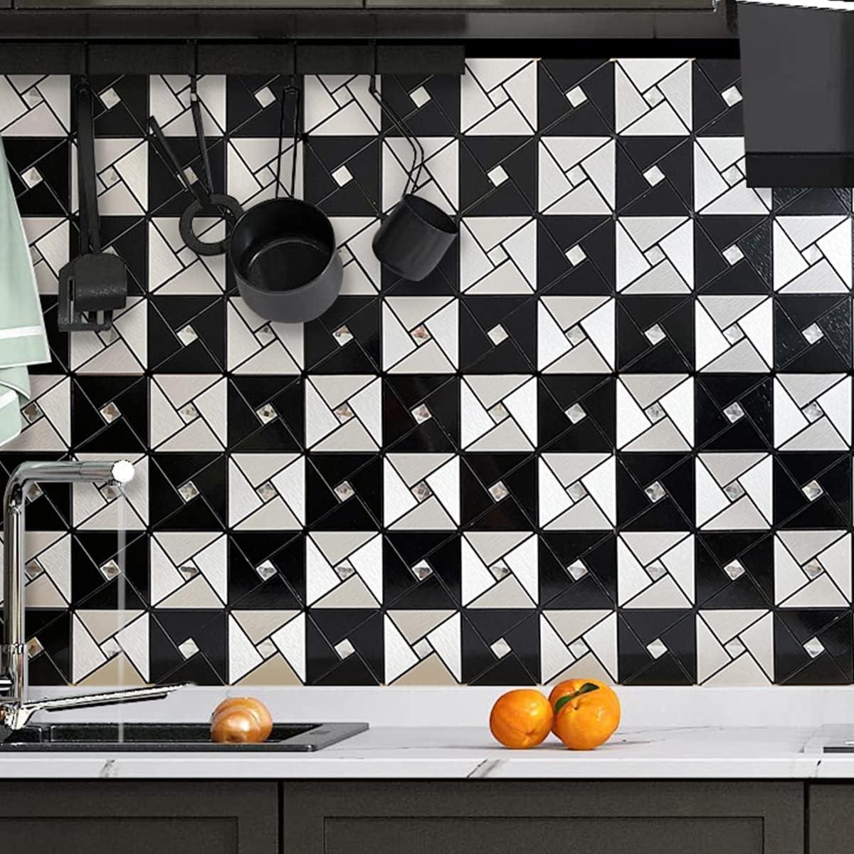 Brushed Chrome and Black Peel and Stick Square Tiles