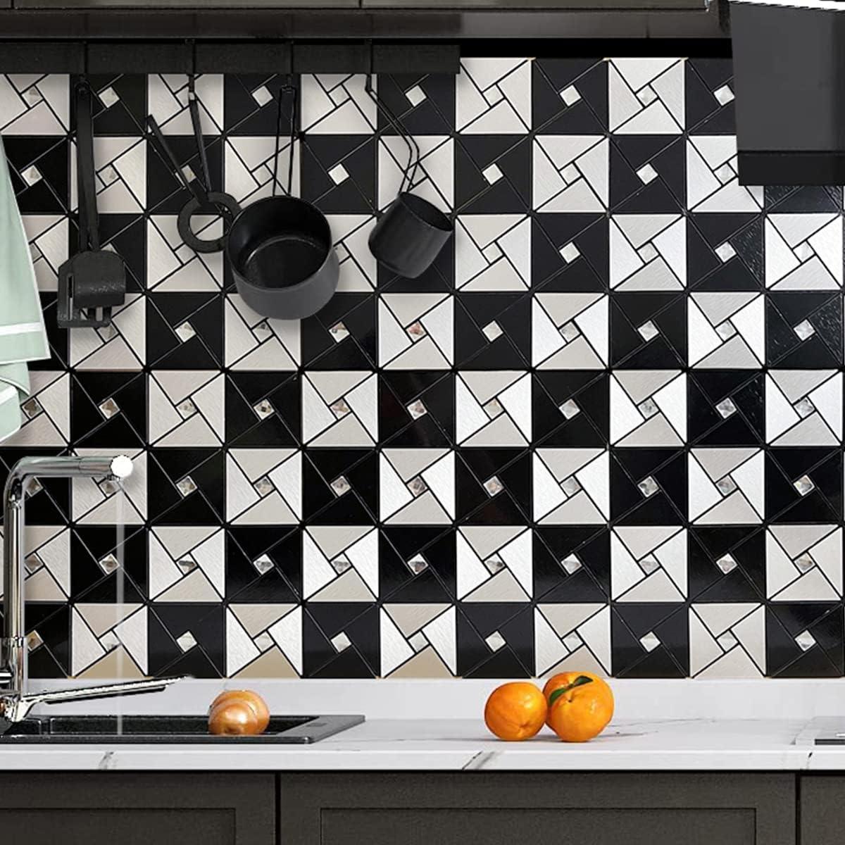 DICOFUN 10-Sheet Peel and Stick Backsplash Metal Tile, Mixed Glass Self-Adhesive Mosaic Tiles, Stainless Steel Stick on Wall Tiles for Kitchen and Bathroom Backspalsh, Mirror Décor