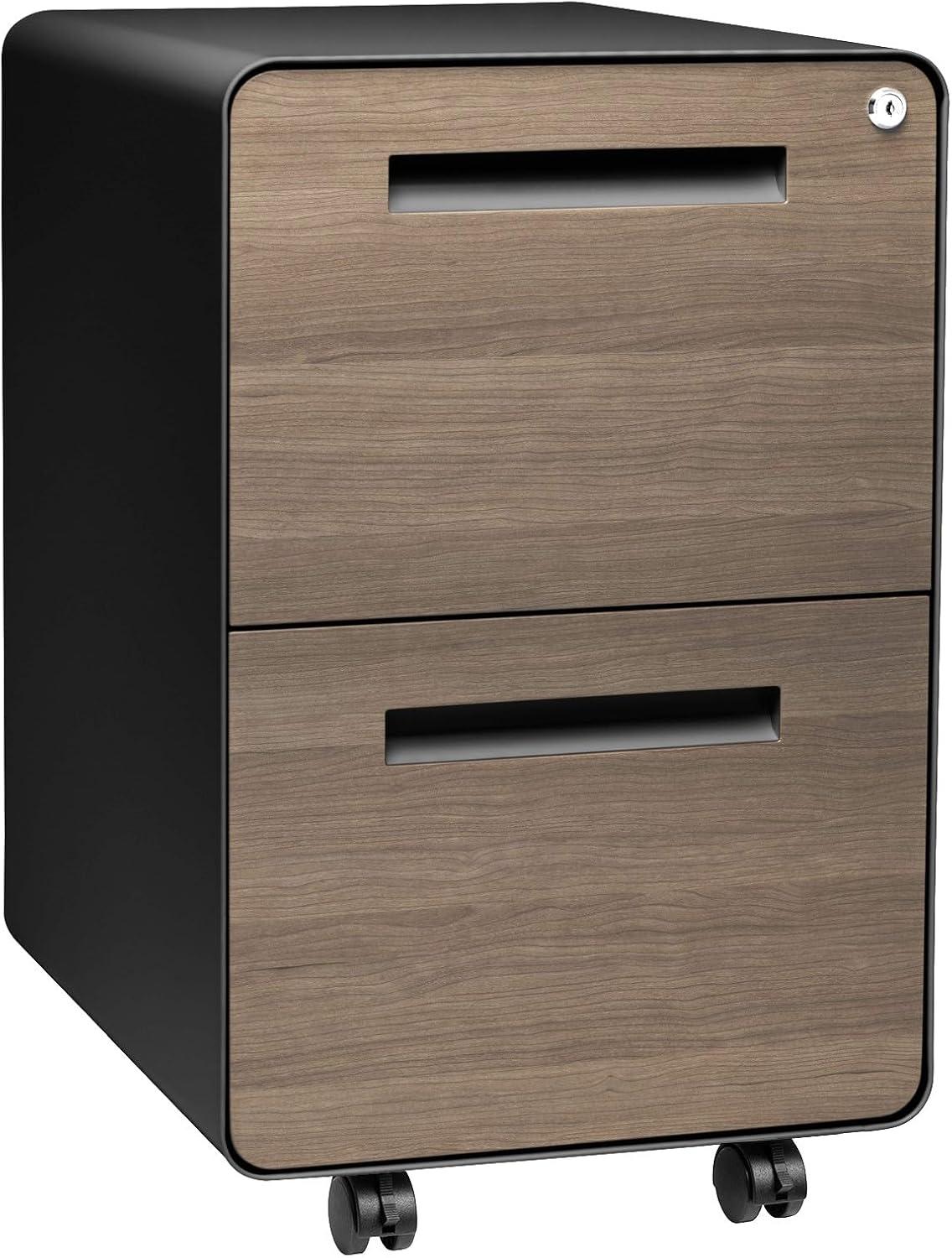 Modern Black and Wood 2-Drawer Mobile File Cabinet with Lock