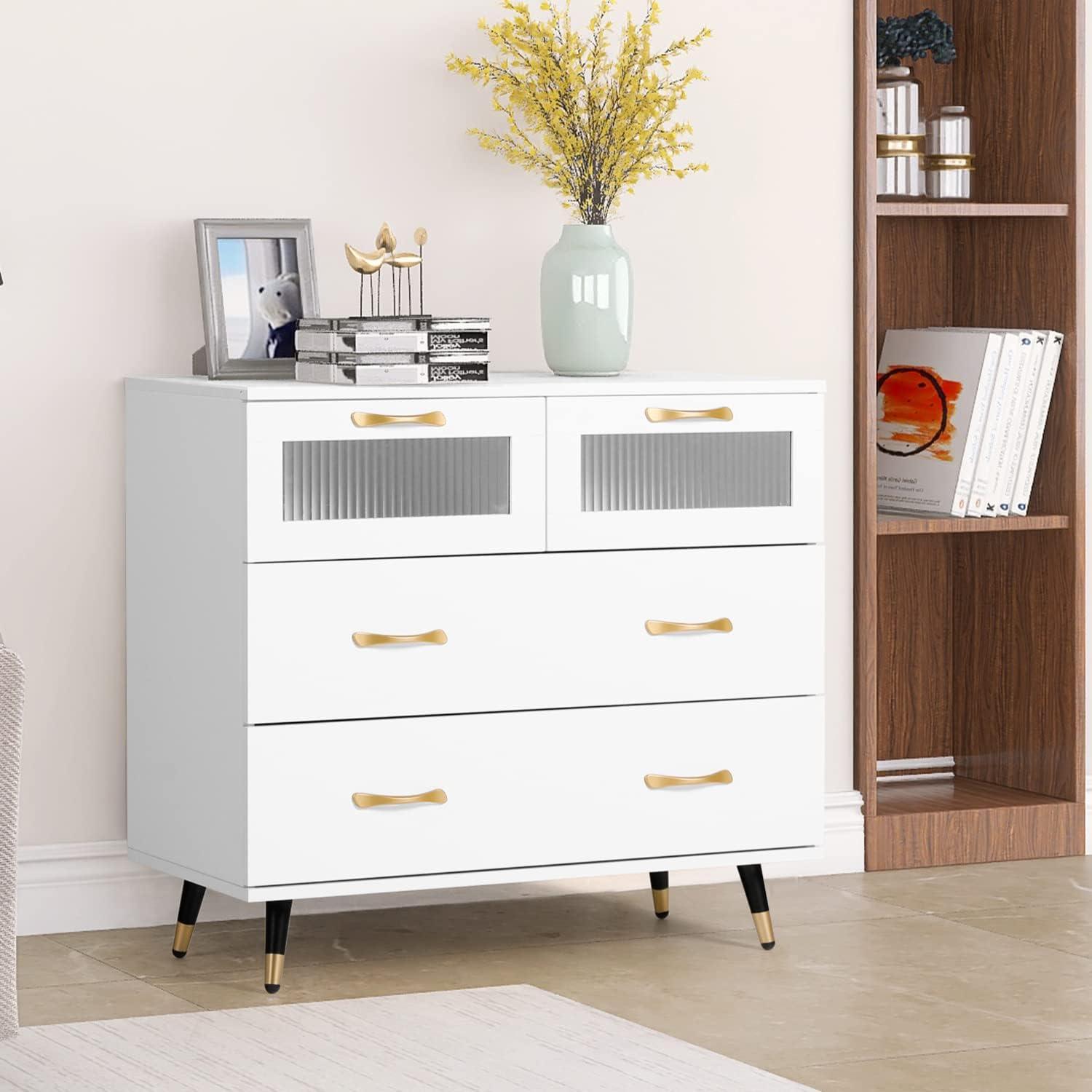 Small White Dresser, Modern Dresser for Bedroom, 4 Drawer Double Dresser with Wide Drawer and Metal Handles, Wood Dressers & Chests of Drawers for Hallway, Entryway.