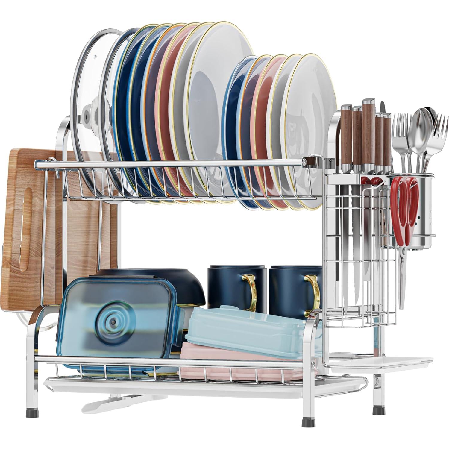 2 Tier Dish Drying Rack for Kitchen Counter，Stainless Steel Large Capacity Dish Rack with Detachable Dish Drainer Organizer，Utensil Holder and Drain Board