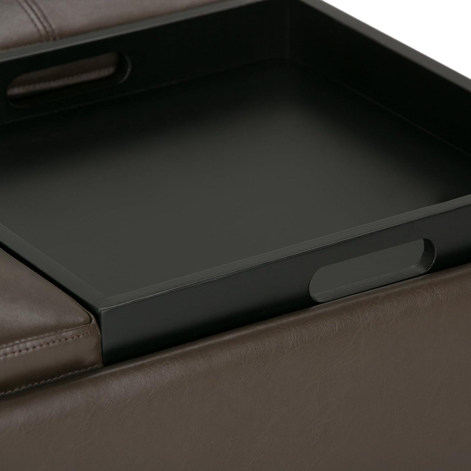 Simpli Home Avalon 35"W Upholstered Square Coffee Table Storage Ottoman with Flip-Over Trays