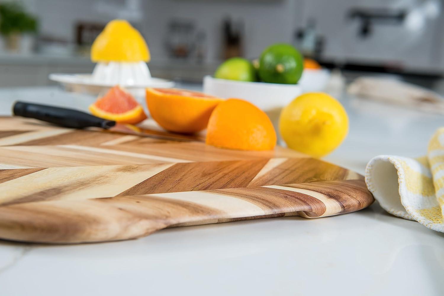 Lipper International Acacia Herringbone Rounded Edge Cutting/Serve Board With Inset Handles, Small