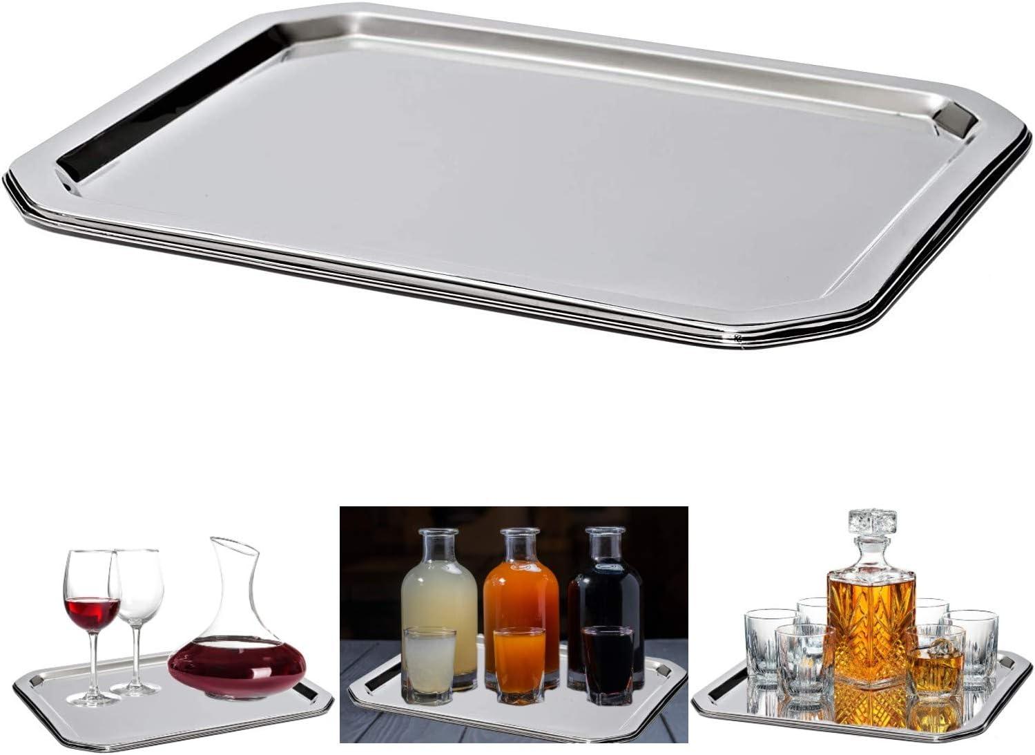 Bezrat Stainless Steel Food Serving Tray – Rectangular Decorative Mirrored Serveware Platter - Medium (15" x 12")