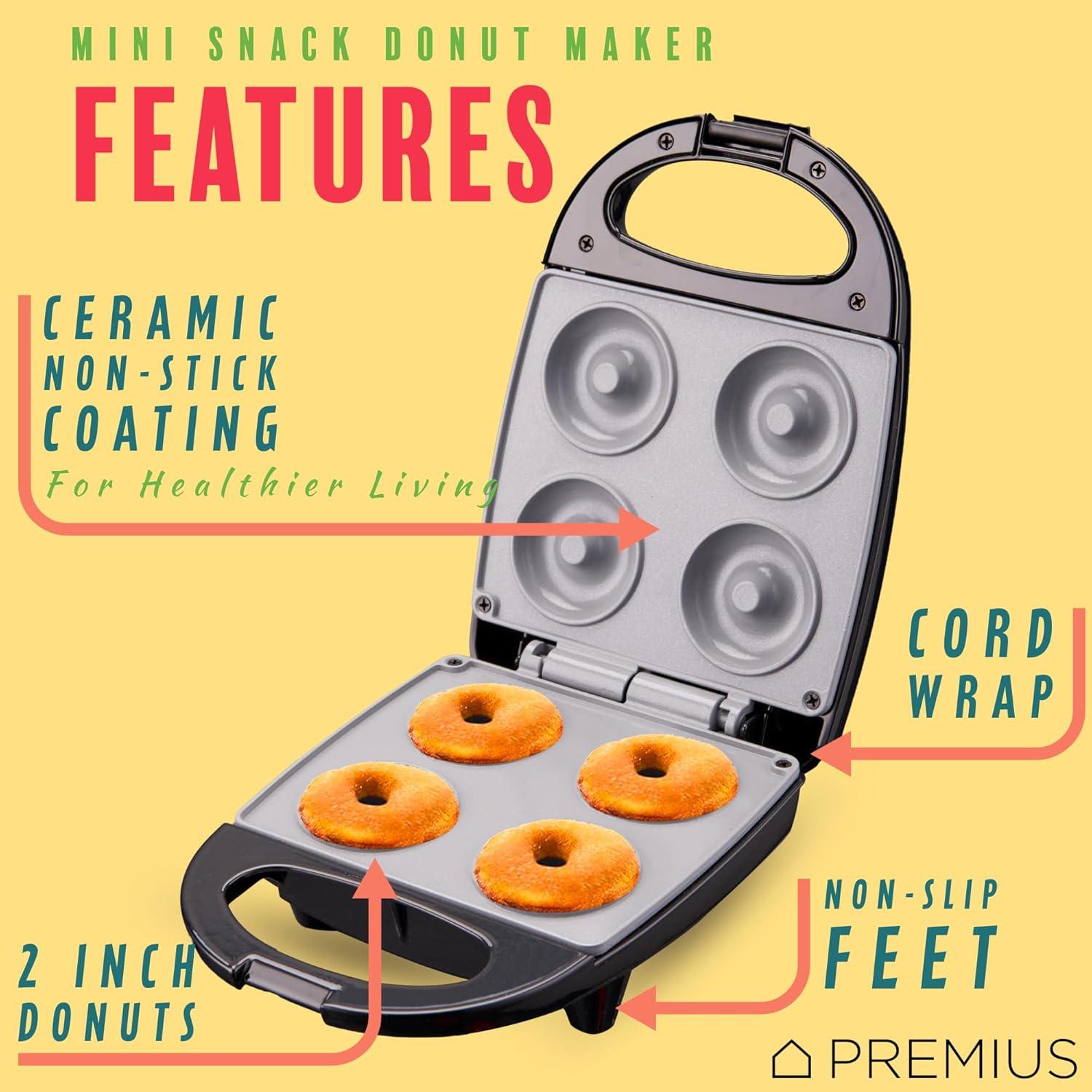 PREMIUS Ceramic Non-Stick Mini Snack Donut Maker, Black, 2 Inch Mold, 4 Count