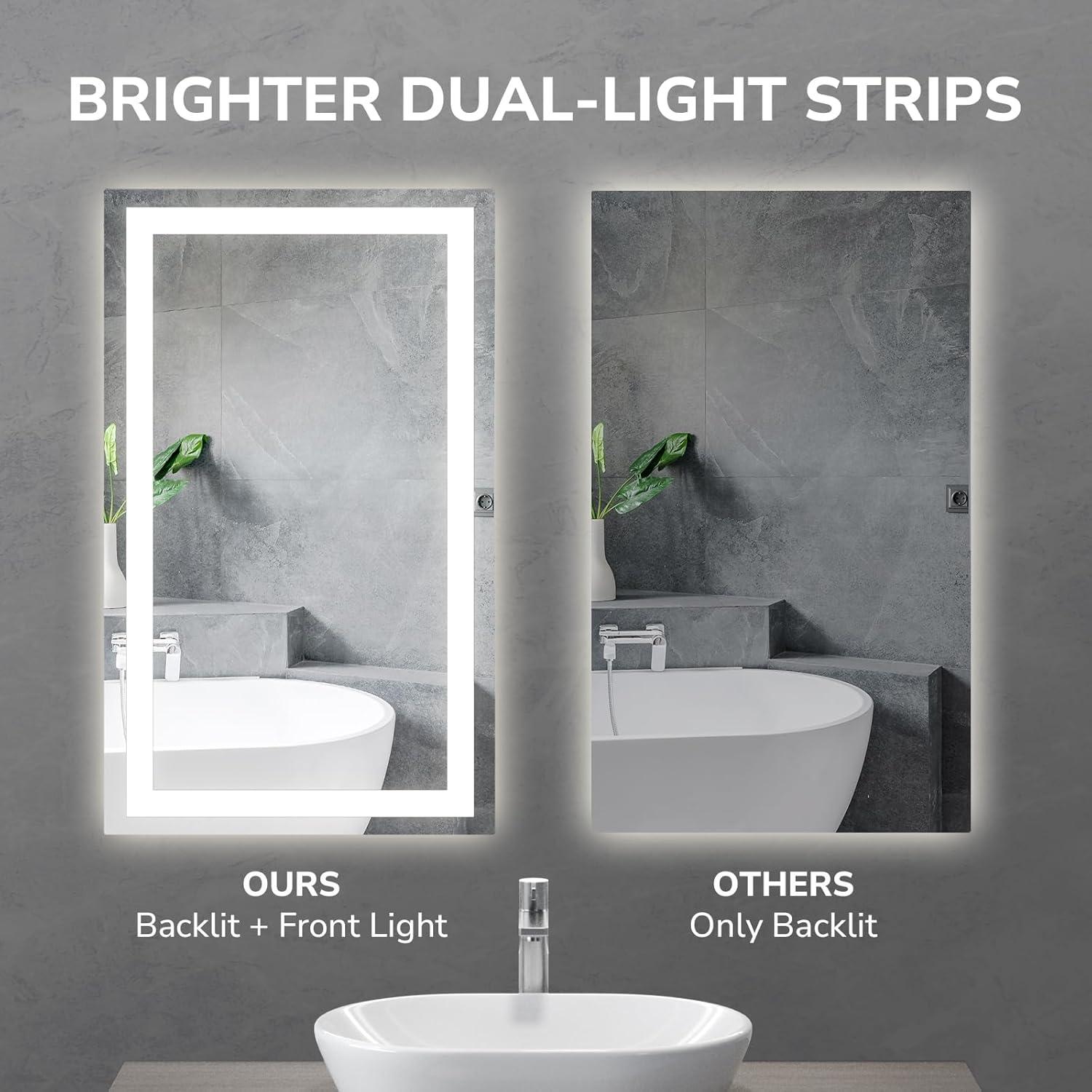 USHOWER 40x32 Inches LED Mirror for Bathroom, Frontlit & Backlit with Anti-Fog, 3 Colors Dimmable, Memory Function, Tempered Glass, ETL Listed