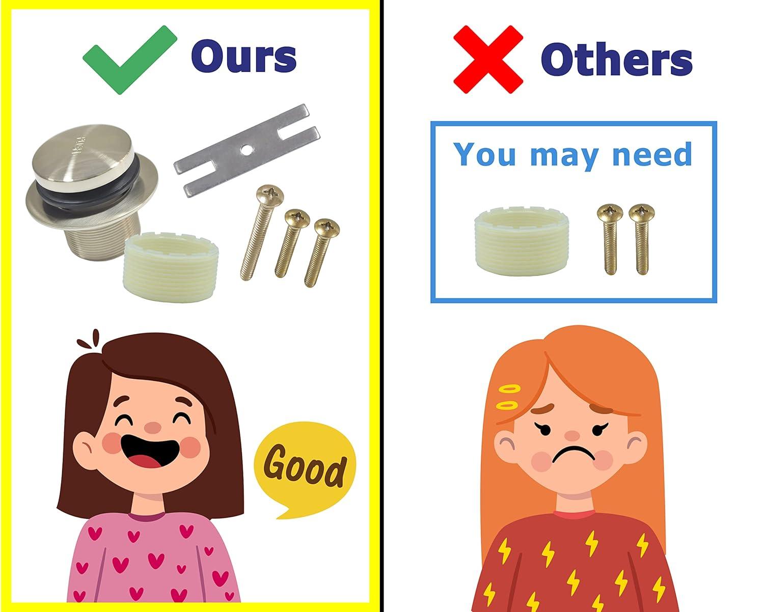 Brushed Nickel Bathtub Drain Tip Toe Stainless Steel Tub Drain Trim Kit, Single Hole Overflow Faceplate