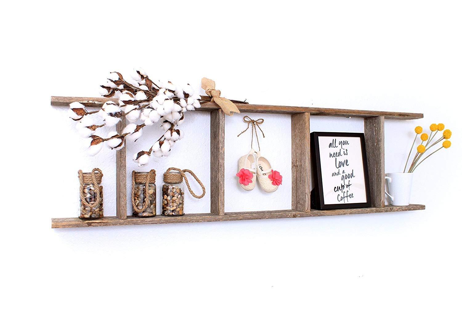 Barnwood Rustic Farmhouse 4ft Weathered Gray Wooden Decorative Bookcase Picket Display Ladder