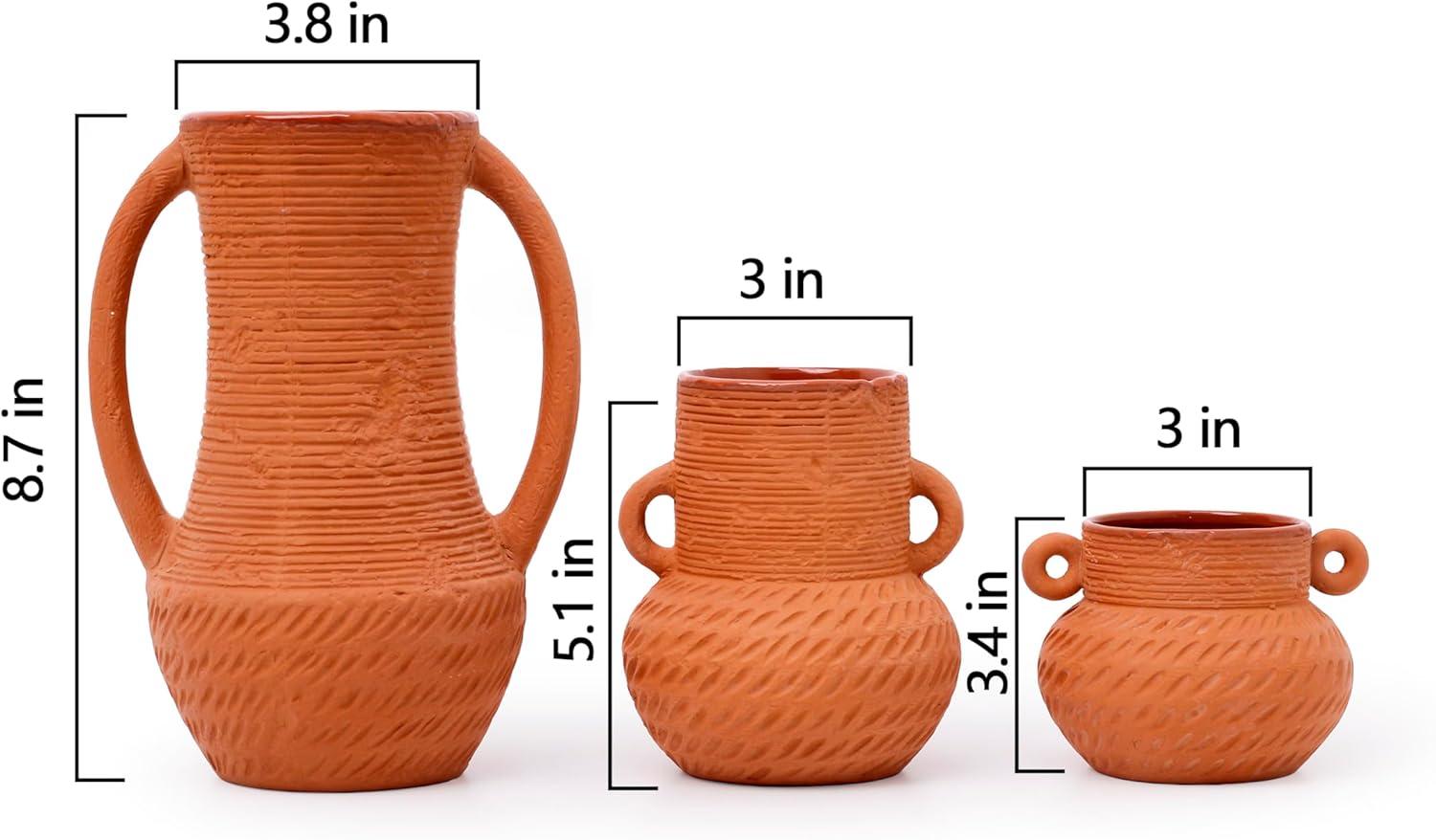 Terracotta Vases Sets, Farmhouse Decor, Ceramic Vase for Flower, Wide Mouth Rustic Home Decor Vases for Flowers, Living Room,Table,Shelf and Accessories (3)