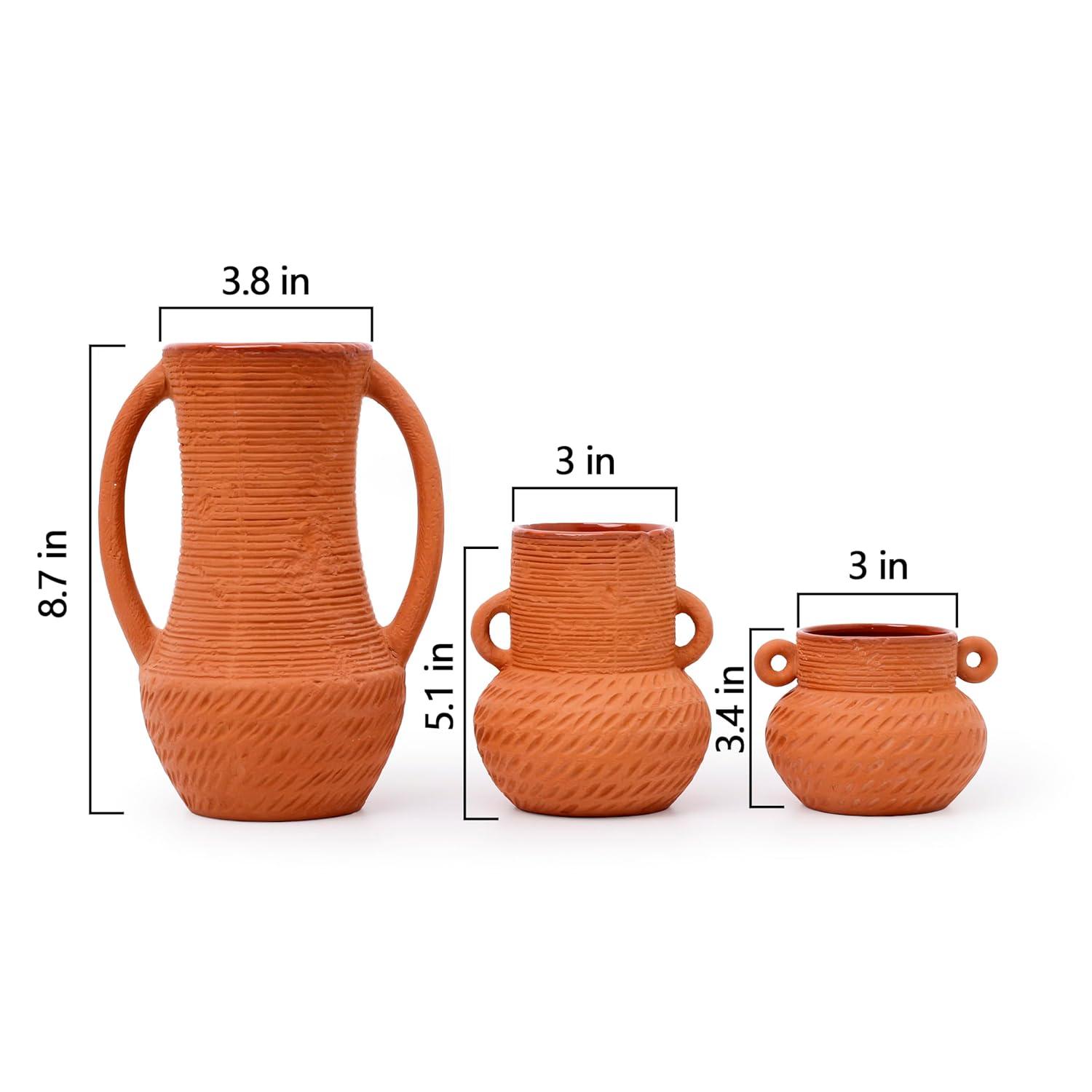 Terracotta Vases Sets, Farmhouse Decor, Ceramic Vase for Flower, Wide Mouth Rustic Home Decor Vases for Flowers, Living Room,Table,Shelf and Accessories (3)