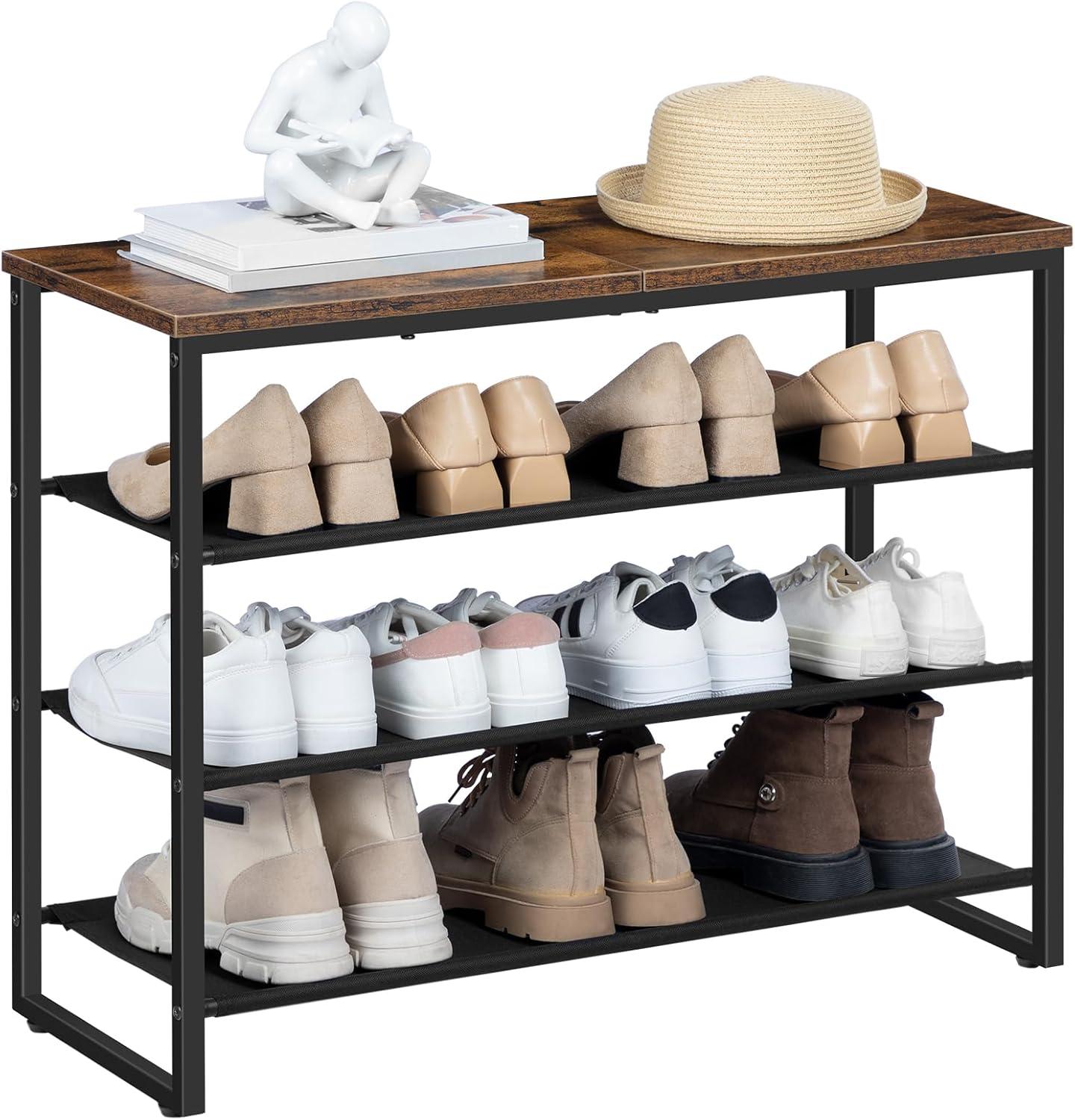 Rustic Brown 4-Tier Fabric and Metal Shoe Rack