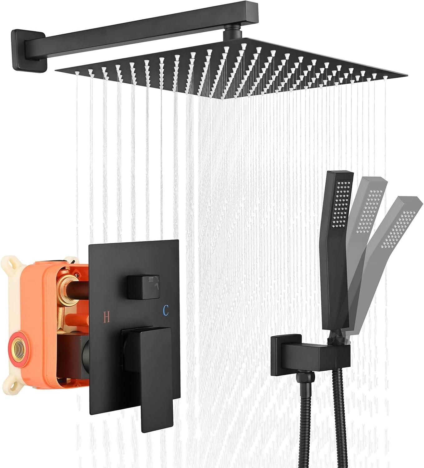 Shower Faucet Set 12" Matte Black Shower Head And Handle Set Rainfall Shower System with Square Rain Shower Head and High Pressure Handheld Spray