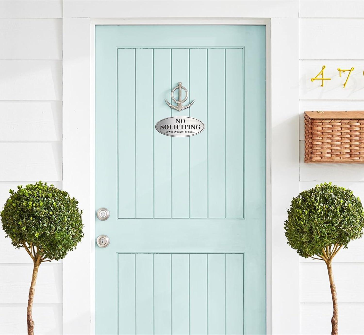 No Soliciting Sign, No Solicitors Sign for Front Door, 2 Pack Self-Adhesive Aluminum Metal No Solitation Do Not Knock or Ring Bell Sign, 7.0 x 3.0 inches Weather Resistant Signs for Home Doorbell Busi