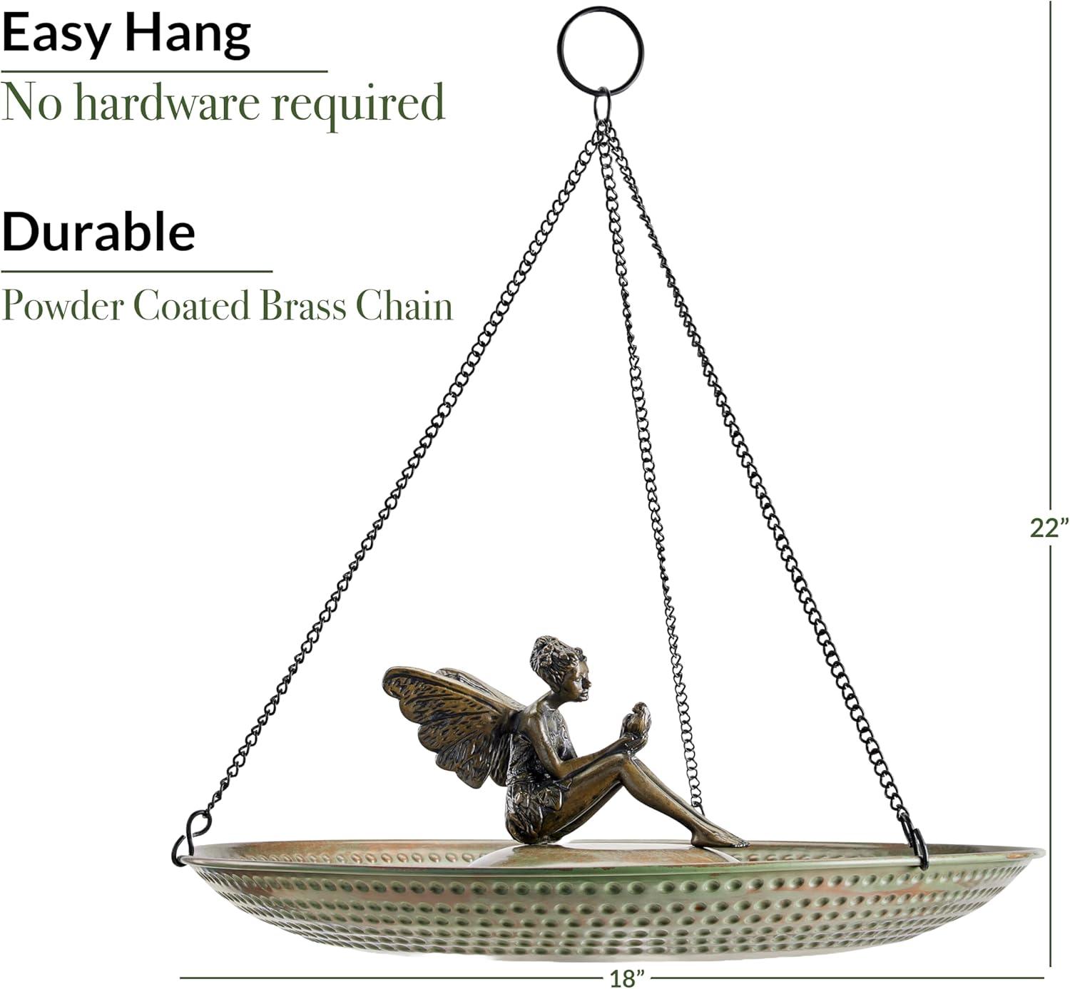 18" Hanging Blue Verde Copper Bird Bath with Fairy