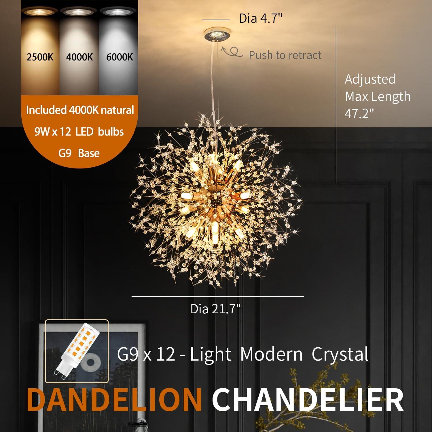 Mercer41 Modern Gold Crystal Chandelier With 12-Light Firework Design, Adjustable Dandelion Pendant Lighting For Dining Room, Living Room, Bedroom, Kitchen, And Hallway