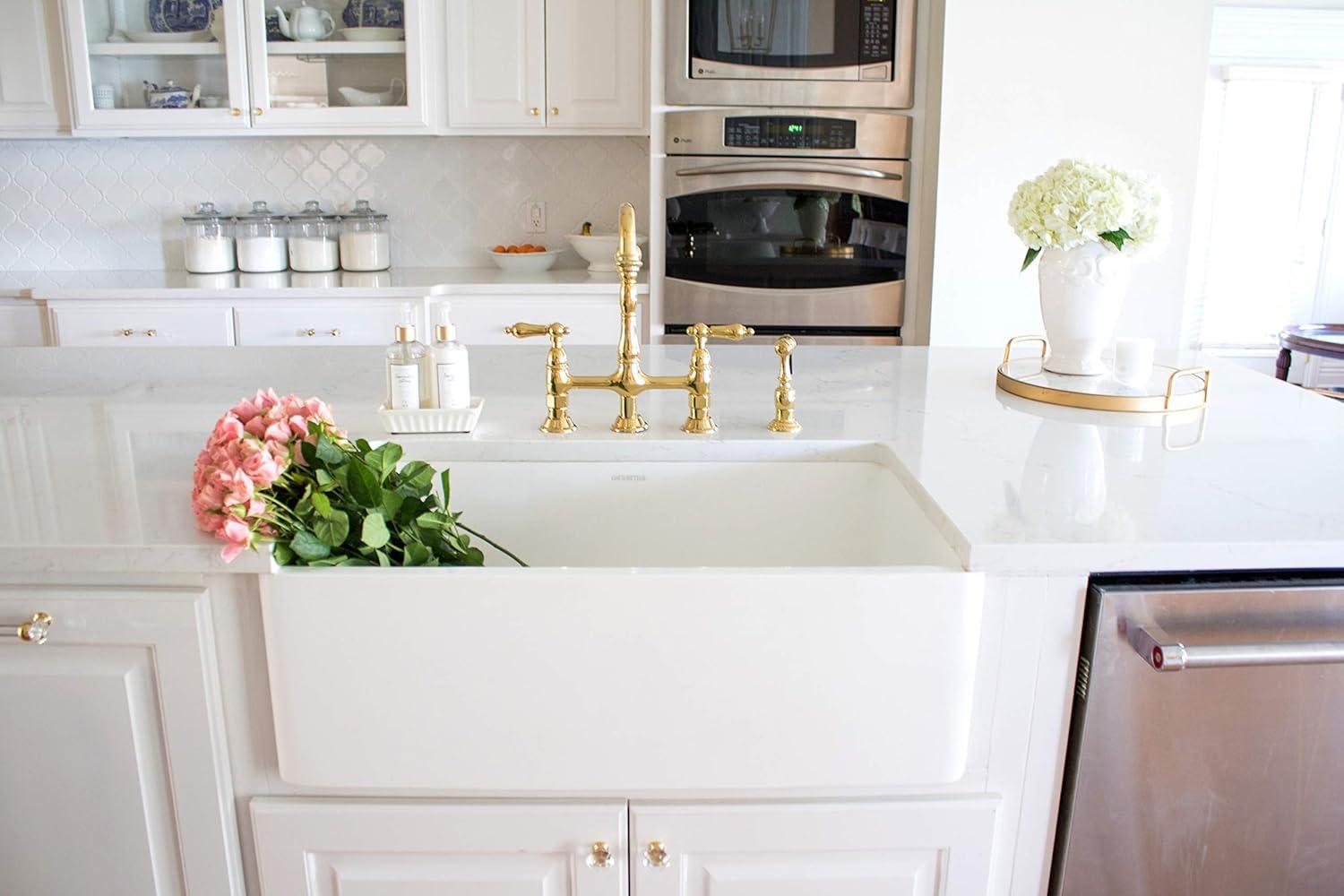 Kingston Brass GKFA301810BC Arctic Stone Solid Surface White Apron Front Farmhouse Single Bowl Kitchen Sink, 30" (L) X 18" (W) X 9-9/16 (D), Matte White