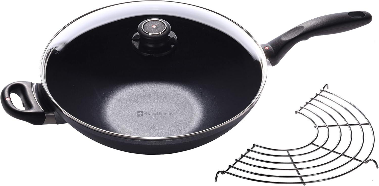 Swiss Diamond 12.5" Black Aluminum Nonstick Wok with Lid and Tempura Rack