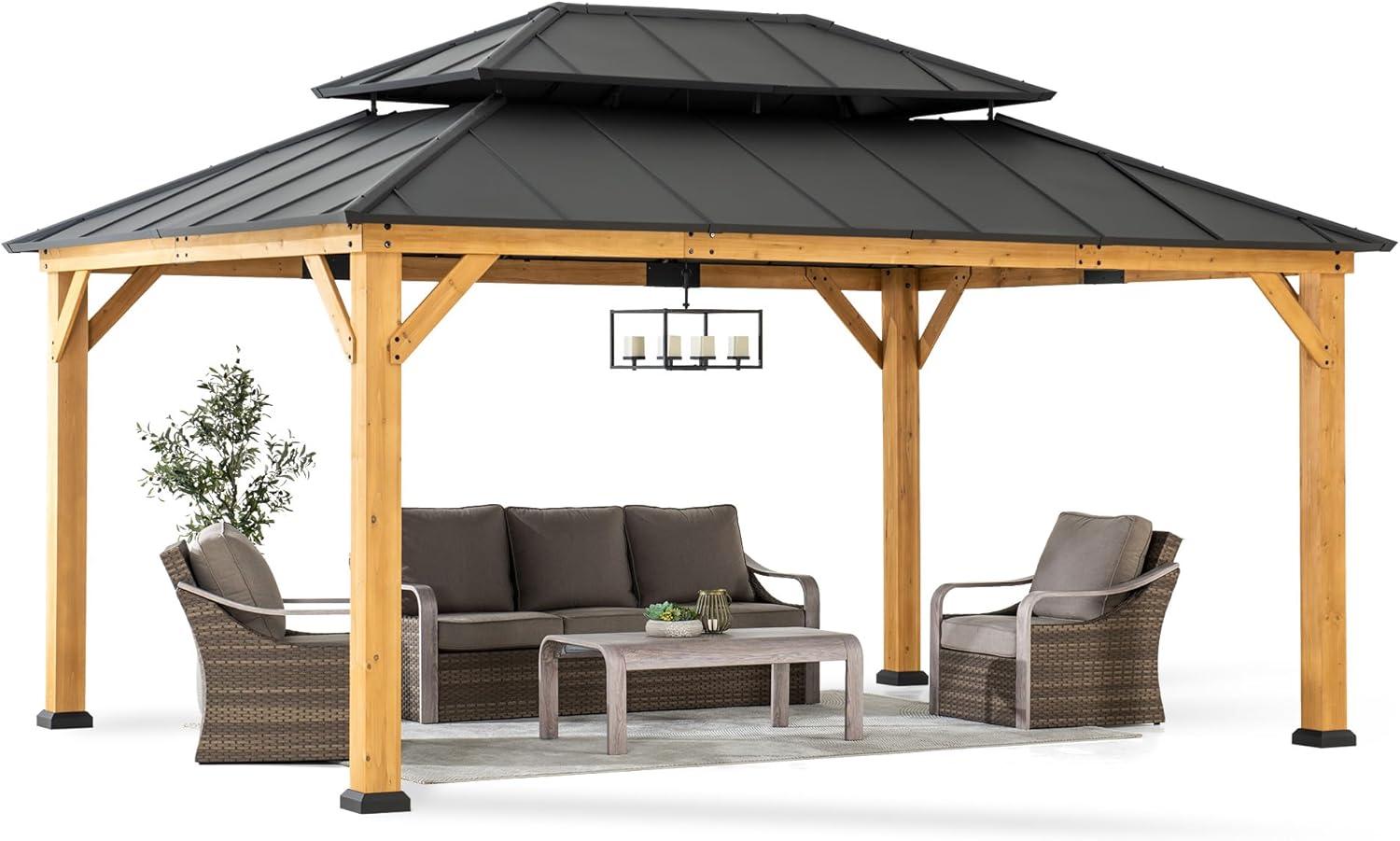 Sunjoy 12x16 ft. Wood Gazebo, Outdoor Patio Steel Hardtop Gazebo, Cedar Framed Wooden Gazebo with 2-tier Metal Roof, Suitable for Patios, Lawn, and Backyard, Dark Brown