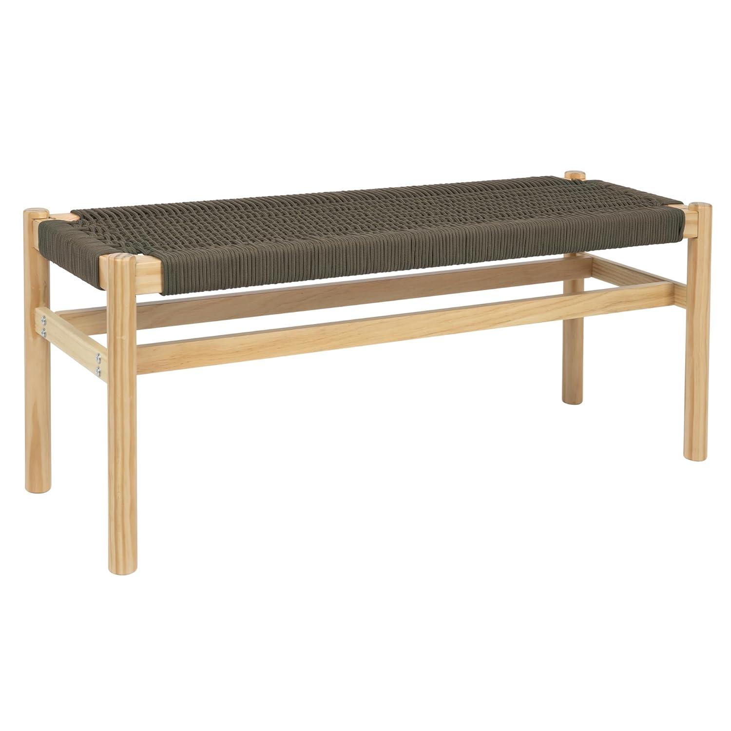 Storied Home Fernway Solid Wood and Woven Rope Entryway Bench Moss Green: Pine Frame, Cotton Upholstery