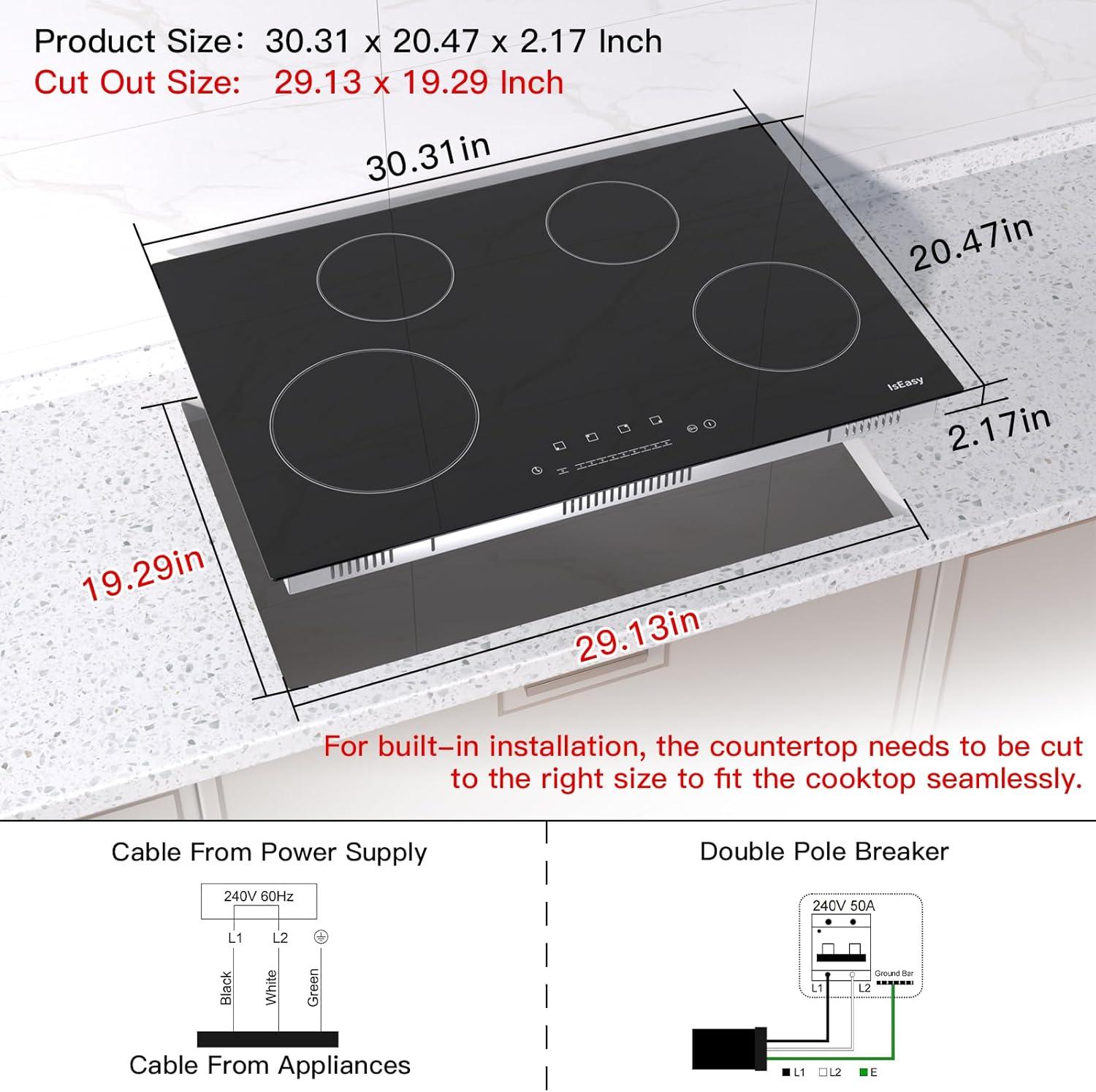 IsEasy 4 Burner Electric Cooktop 30 Inch Built-In Ceramic Cooktop Top, Electric Radiant Cooktop with Pause Function, Electric Stove Top, 220-240V 7200W, 9 Power Levels, Flexible Heating Zones