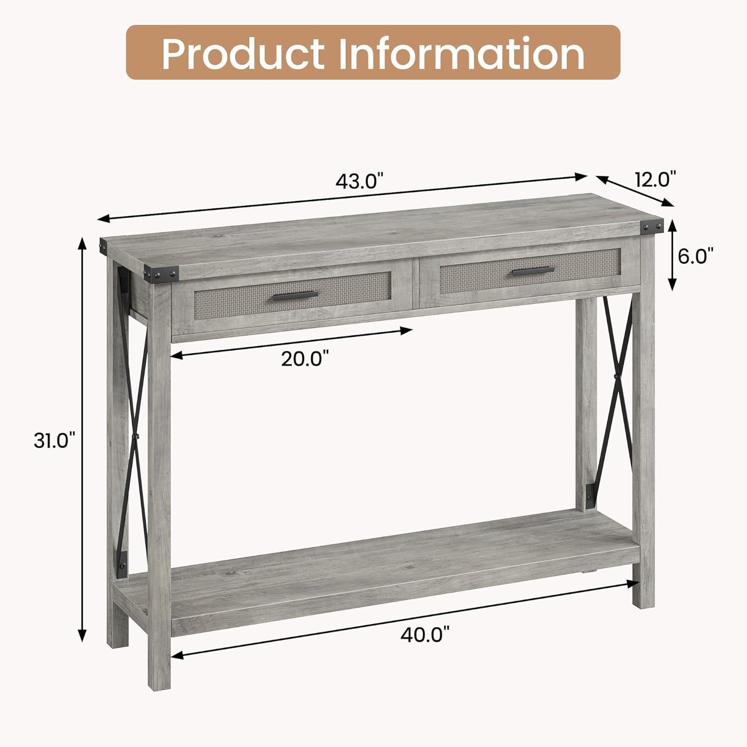 armhouse Entryway Table, Grey Console Table with Rattan Drawers, 43" Sofa Table with Storage, Console Tables for Entryway, Living Room, Hallway