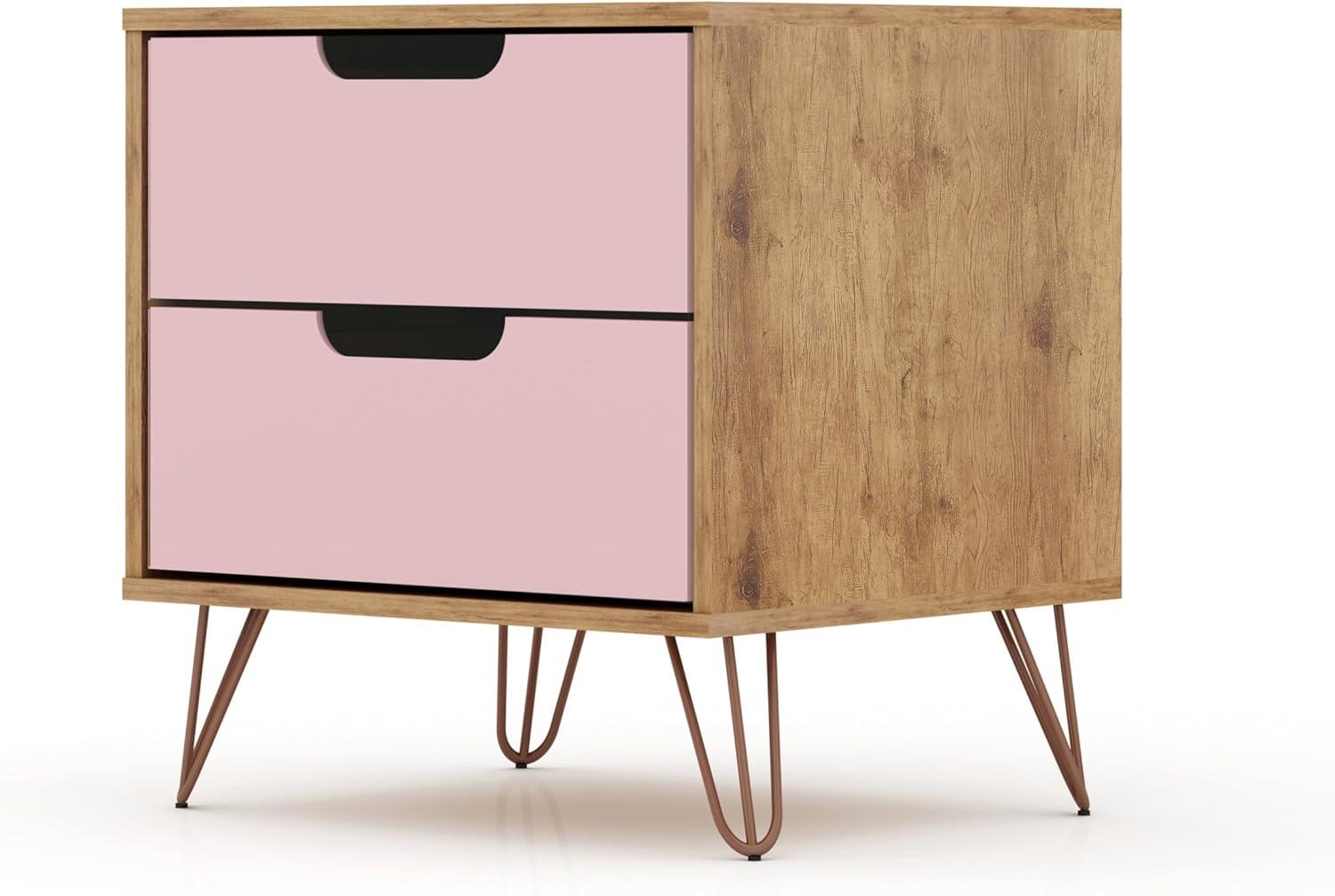 2.0 Rockefeller Nightstand Natural/Rose Pink - Manhattan Comfort: Modern MDF Bedside Storage with Metal Glides