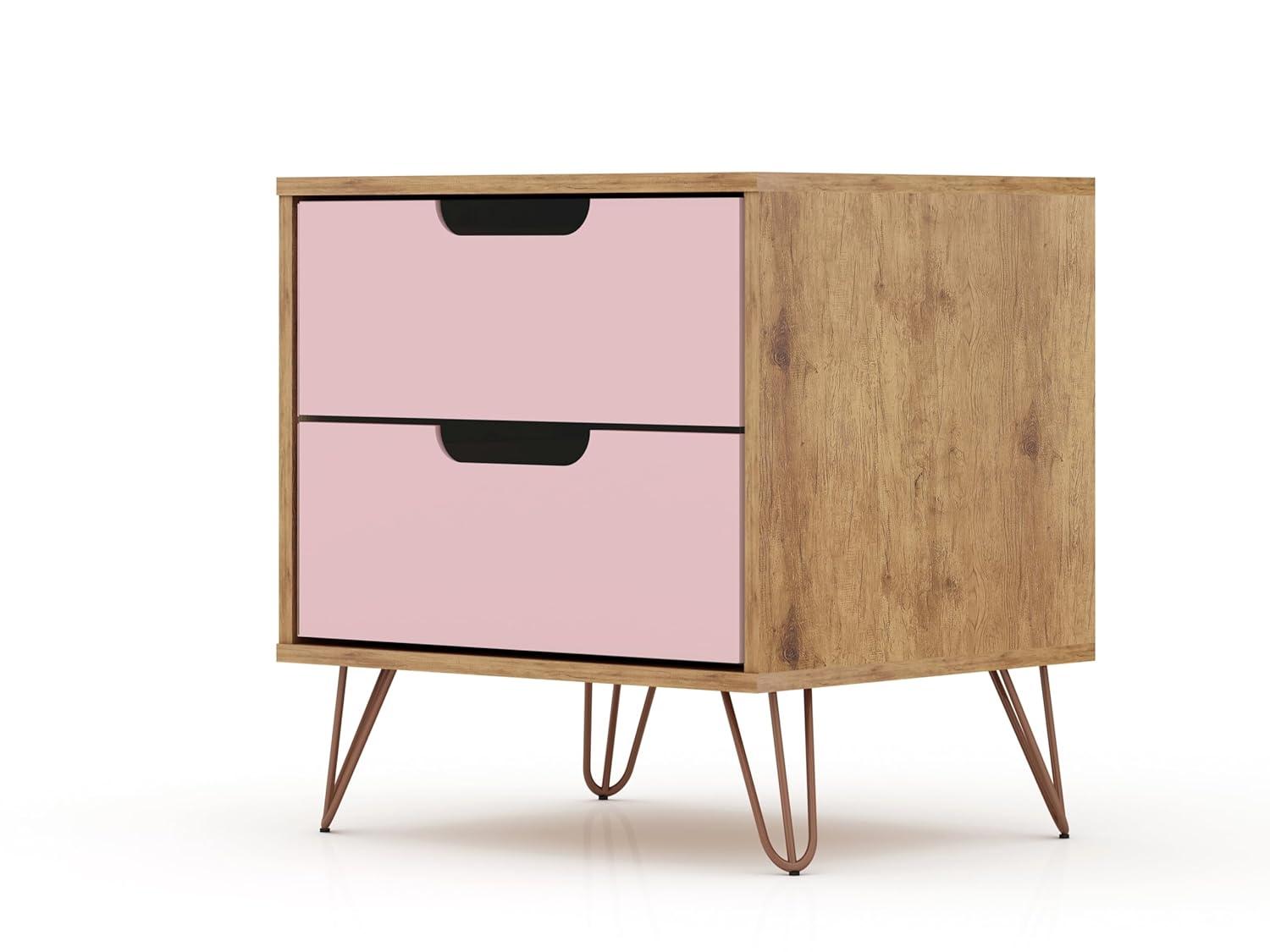 2.0 Rockefeller Nightstand Natural/Rose Pink - Manhattan Comfort: Modern MDF Bedside Storage with Metal Glides