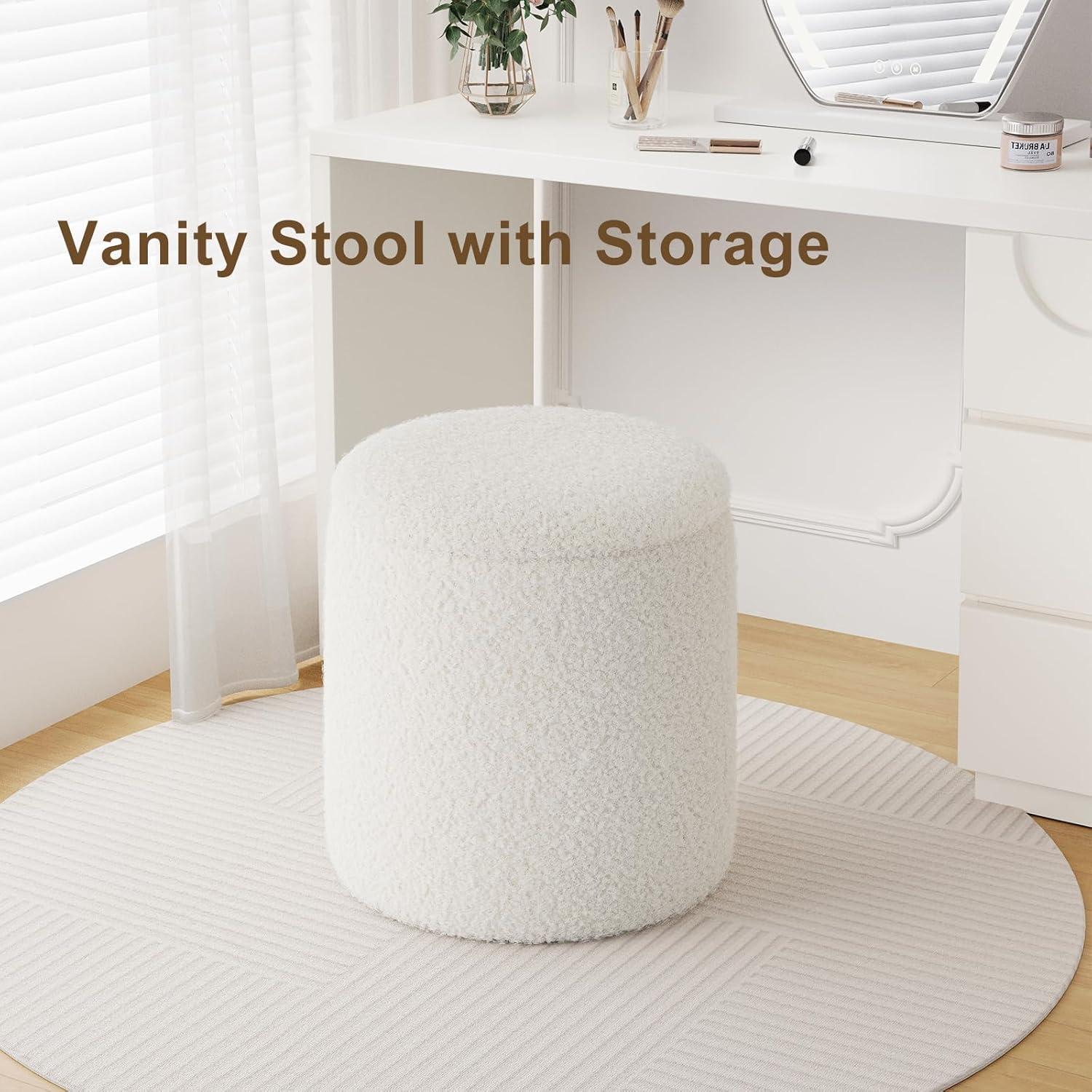 White Boucle Round Storage Ottoman Set with Wooden Lid