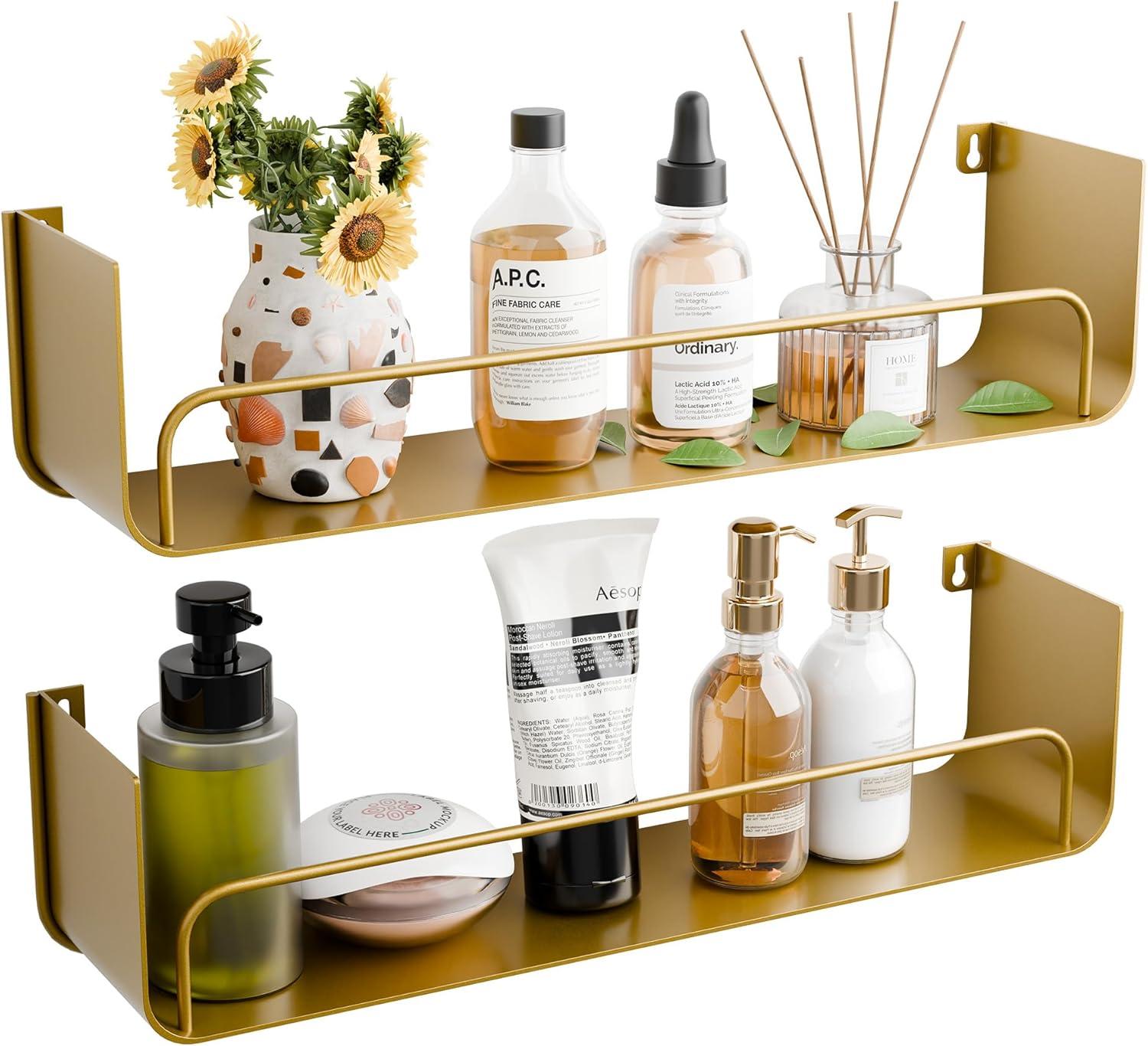 Mercer41 16 Inch Gold Floating Shelves Set Of 2, Modern Iron Bathroom Shelves With Guardrail, U-shaped Wall Mounted Shelf For Home Decor & Organizer, Display Shelf For Bathroom,kitchen,bedroom&any Room