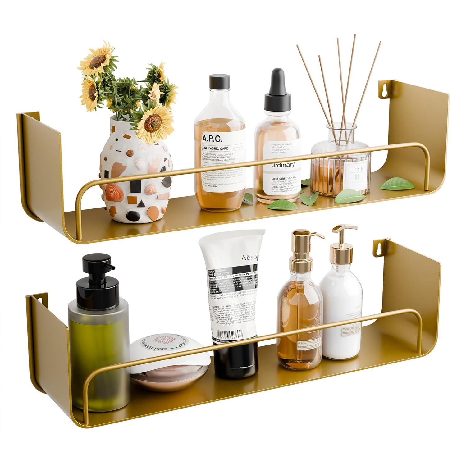 Mercer41 16 Inch Gold Floating Shelves Set Of 2, Modern Iron Bathroom Shelves With Guardrail, U-shaped Wall Mounted Shelf For Home Decor & Organizer, Display Shelf For Bathroom,kitchen,bedroom&any Room