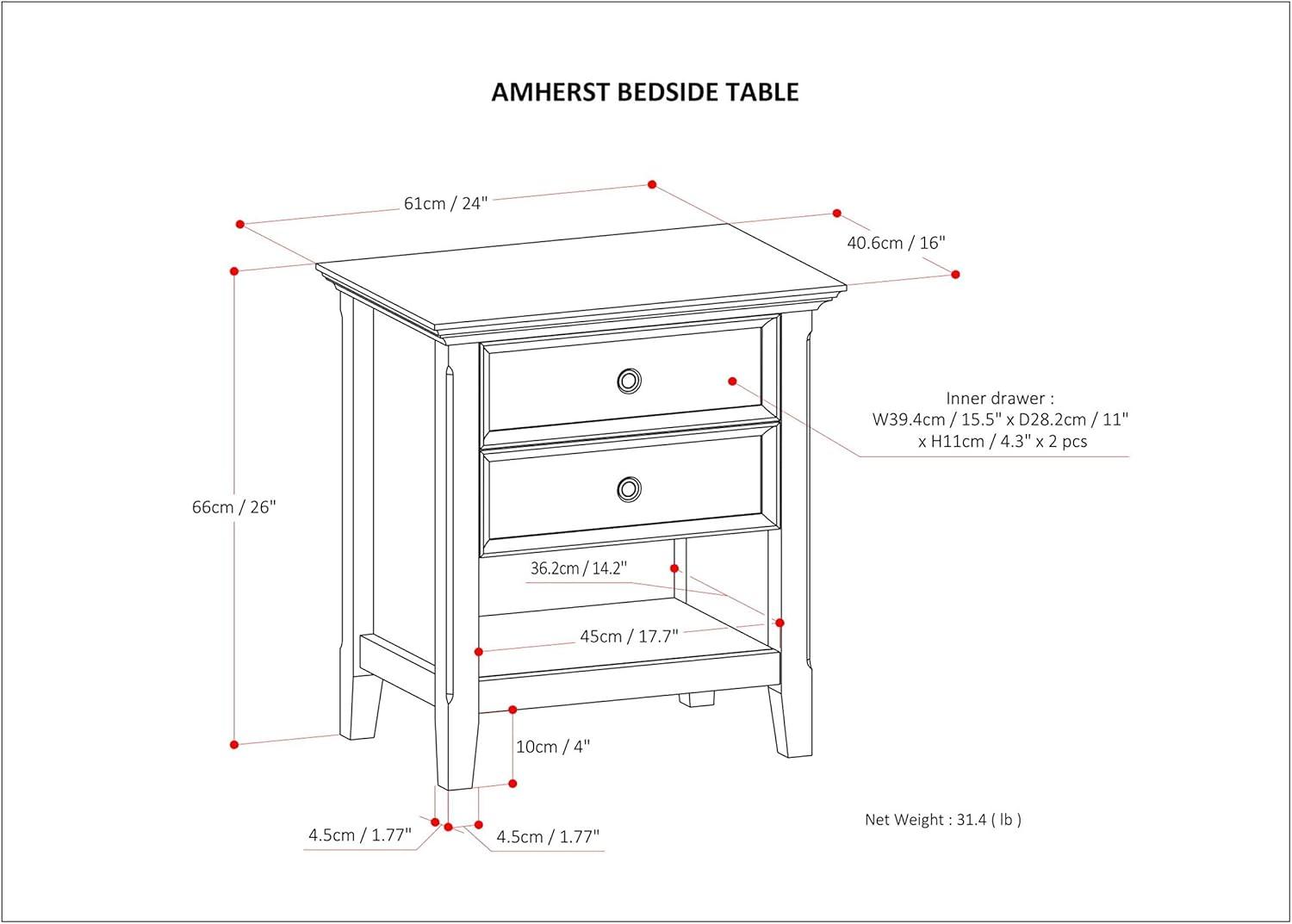 Amherst Hickory Brown Solid Pine 2-Drawer Nightstand with Shelf