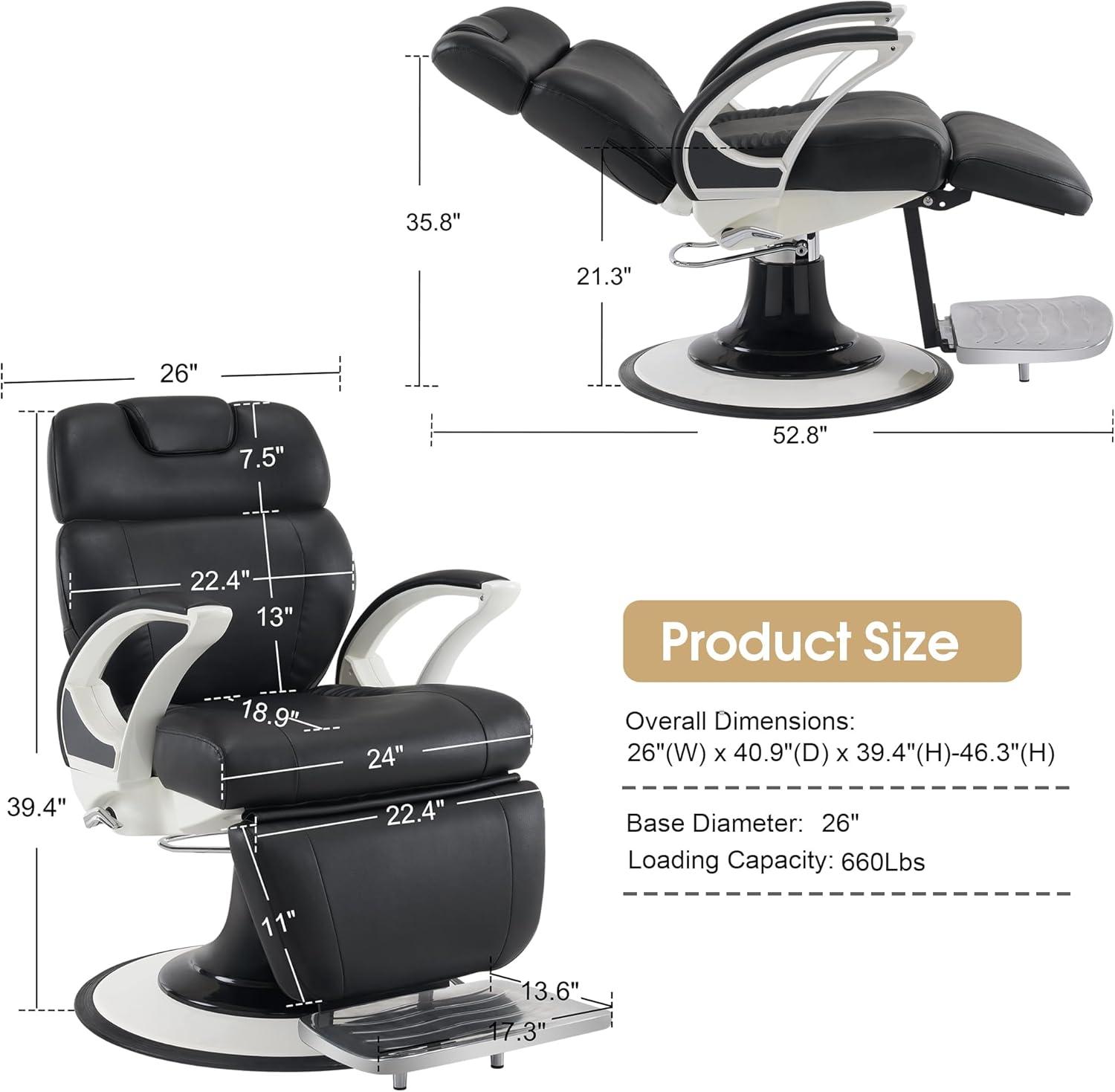 BarberPub Classic Barber Chair, 660Lbs Hydraulic Pump, Both Sides Hand Levers for Left-handed, Reclining Salon Chair for Hair Stylist, Barbershop, Salon&Spa Equipment 5945 Black