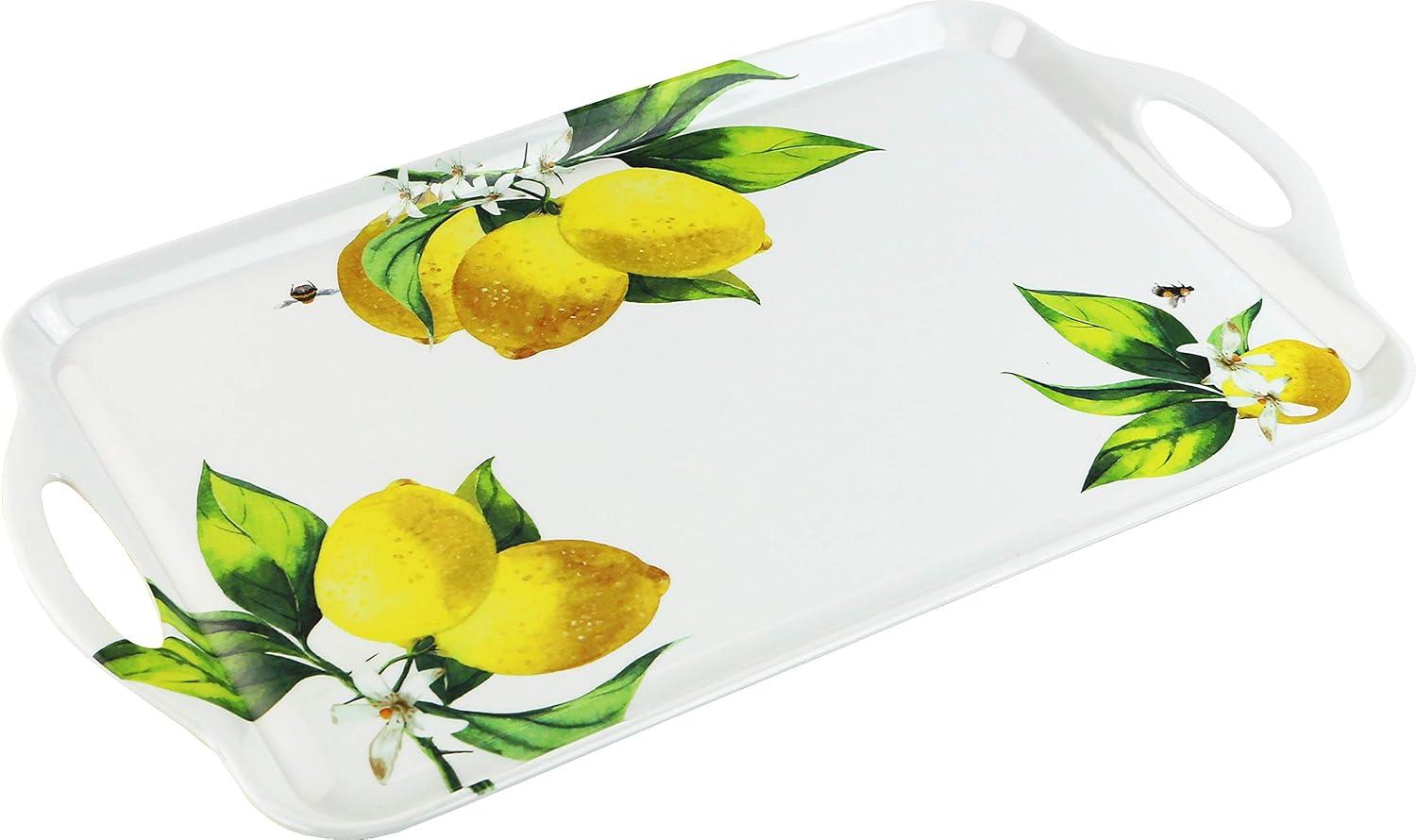 Calypso Essentials Polished Melamine Large Tray in White & Green with Lemon Motif